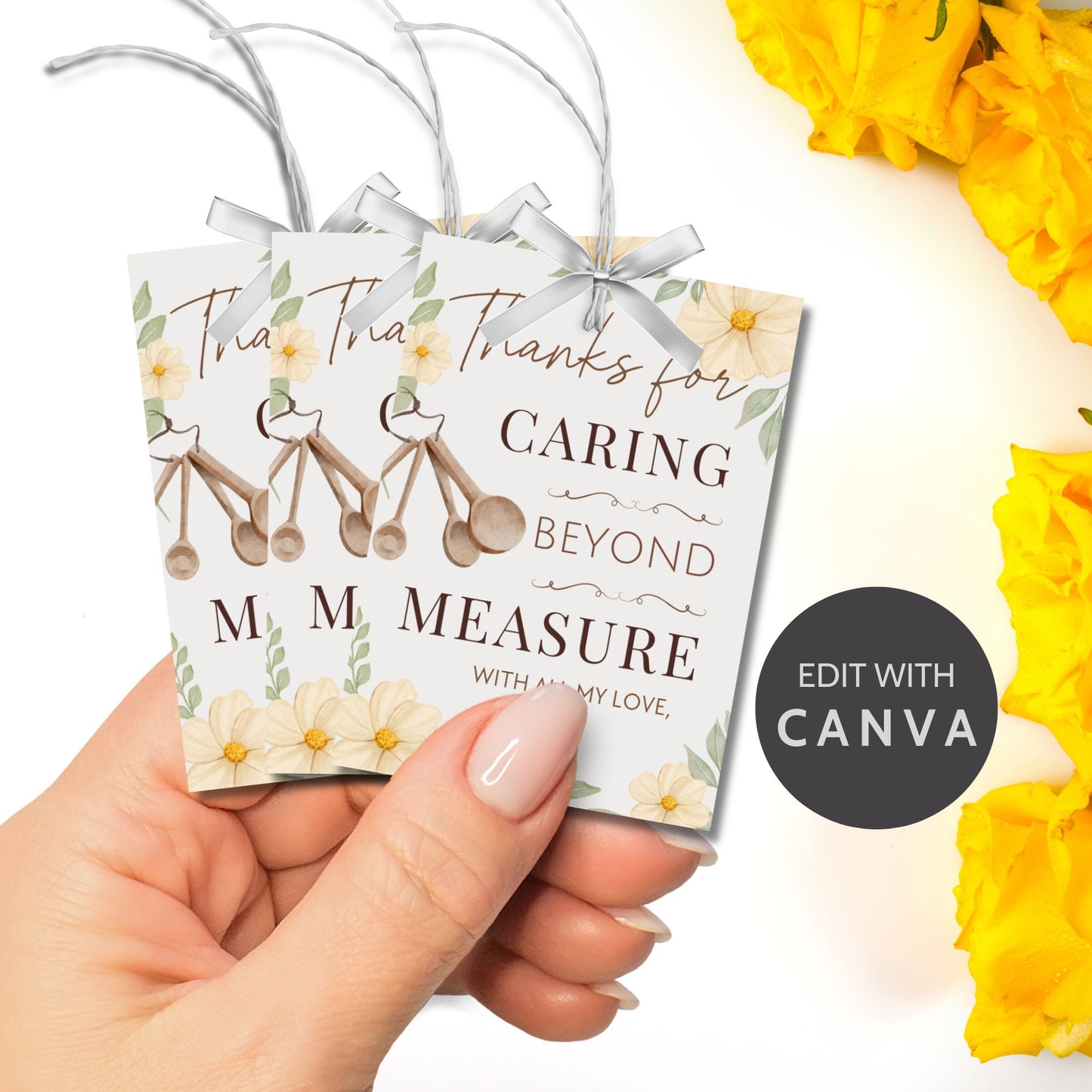 Printable and editable “Thanks for Caring Beyond Measure” gift tag with kitchen theme – perfect for caregivers, nurses, and appreciation gifts.