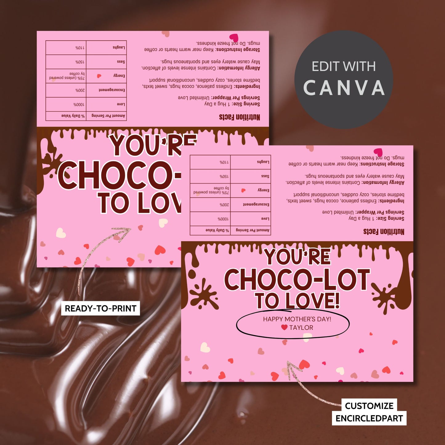 Editable chocolate bar wrapper in pink with dripping chocolate design and the message "You're Choco-lot to Love" – perfect for Mother's Day, Valentine's, or appreciation gifts.
