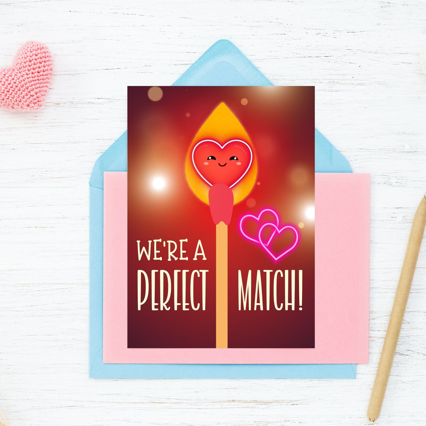 Printable Valentineās Day Greeting Card featuring the phrase āWe're a Perfect Match.ā Designed as a 5x7 PDF on an 8.5 x 11 sheet with two cards per page. A romantic and heartfelt Valentineās card for couples and loved ones.
