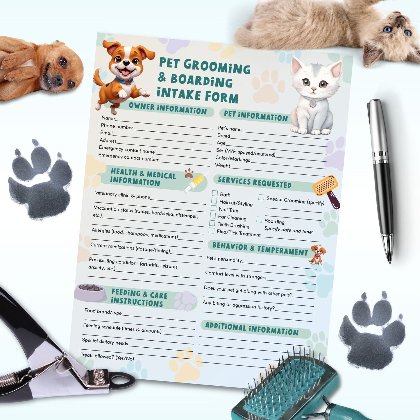 Printable Pet Grooming and Boarding Intake & Consent Form with playful paw print design ā 8.5x11 PDF business form for pet groomers and boarding services.