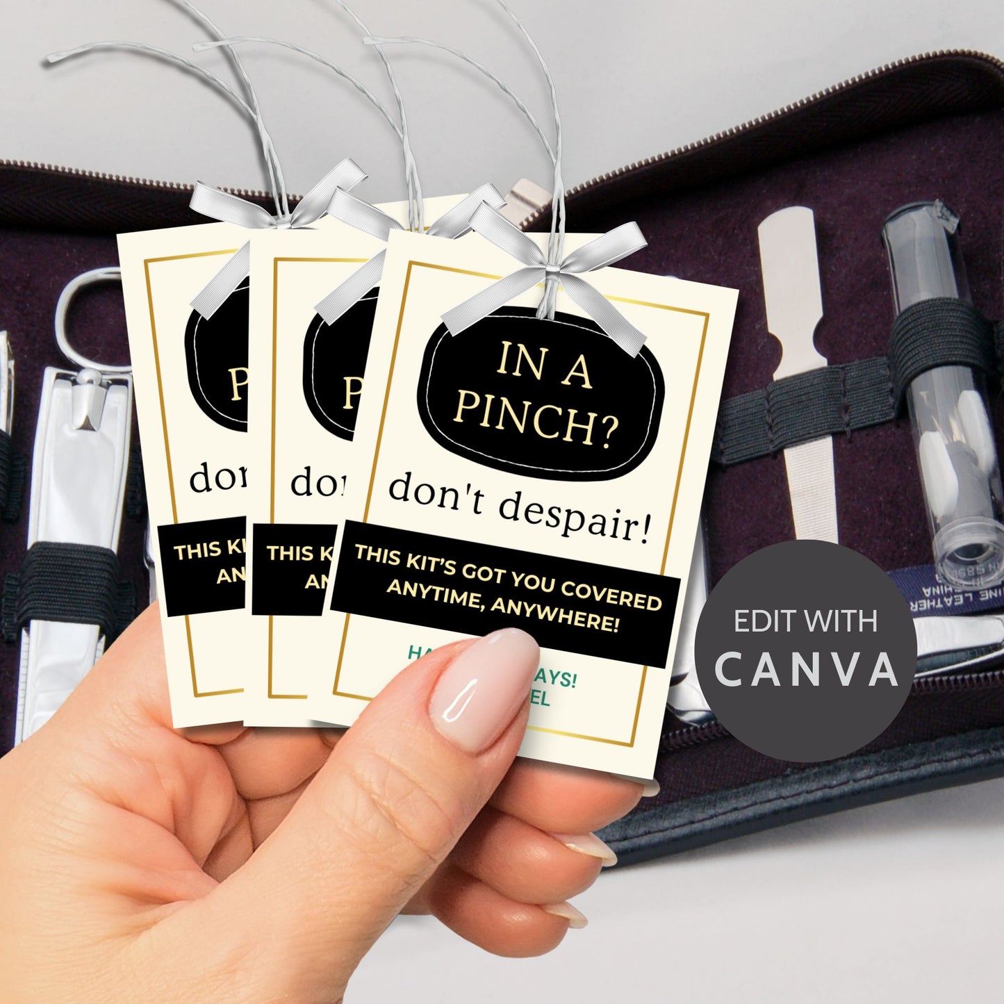 Elegant black and gold "In A Pinch? Don’t Despair!" gift tags, perfect for emergency kits or small survival packs. Includes printable and editable Canva template.