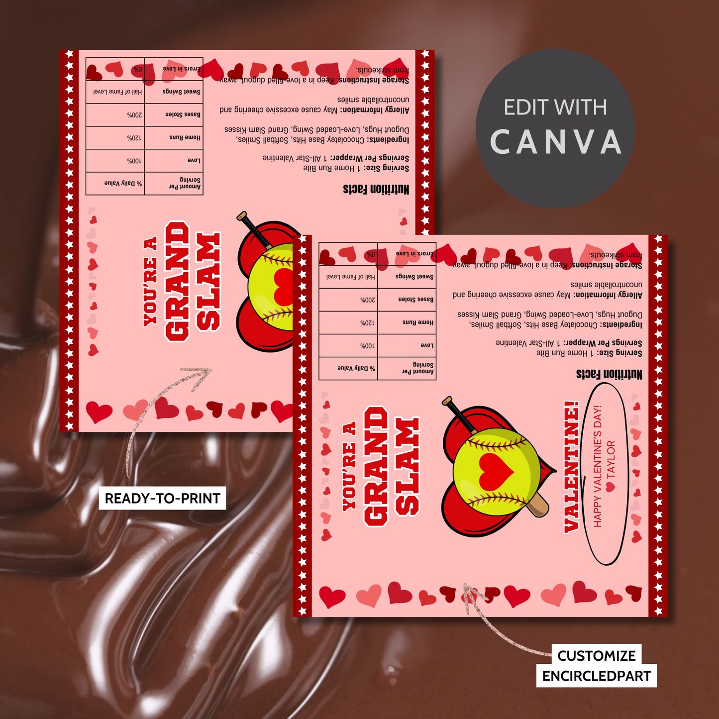 A softball-themed Valentineās Day chocolate bar wrapper featuring the phrase "You're a Grand Slam Valentine!" with a festive pink background, red hearts, a softball, and a bat. Perfect for teammates, coaches, and softball fans!