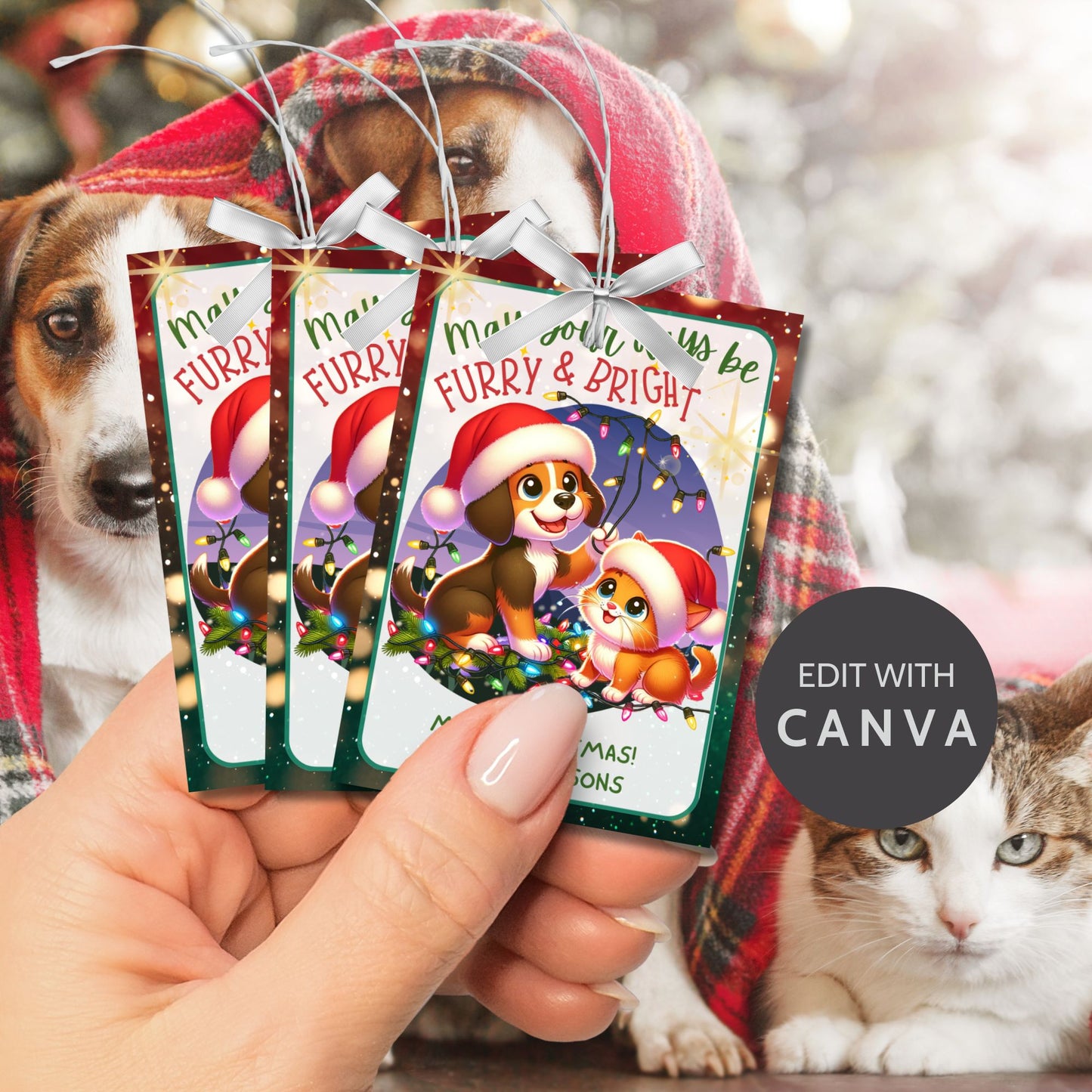 Christmas gift tags featuring a cute dog and cat in Santa hats, surrounded by festive holiday lights with the message "May Your Days Be Furry & Bright." These printable and editable tags are perfect for pet-themed holiday gifts.