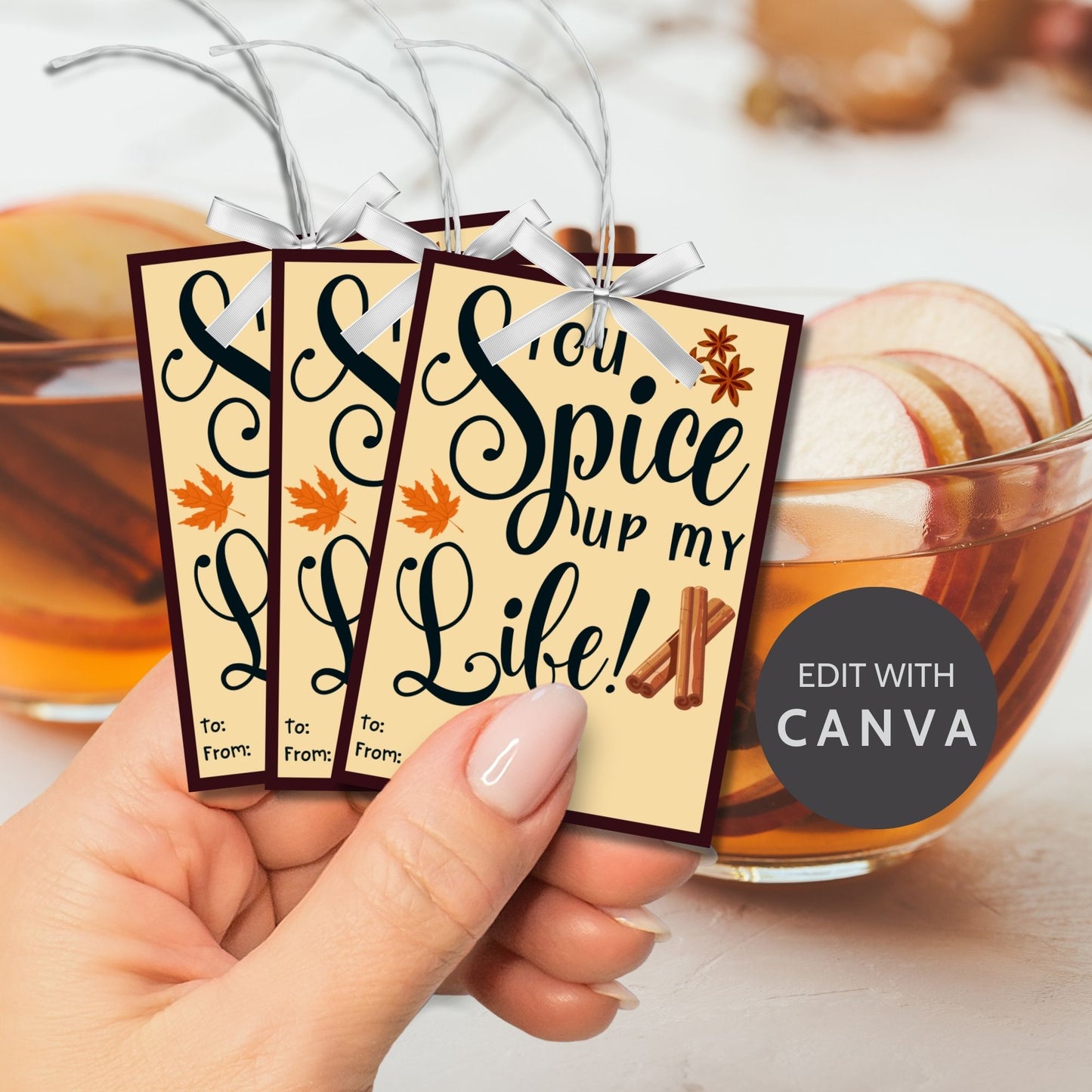 Editable spices-themed fall gift tags with the message 'You Spice Up My Life!' in 2.5 x 3.5 inches, 8 per sheet, available as printable and customizable PDFs.
