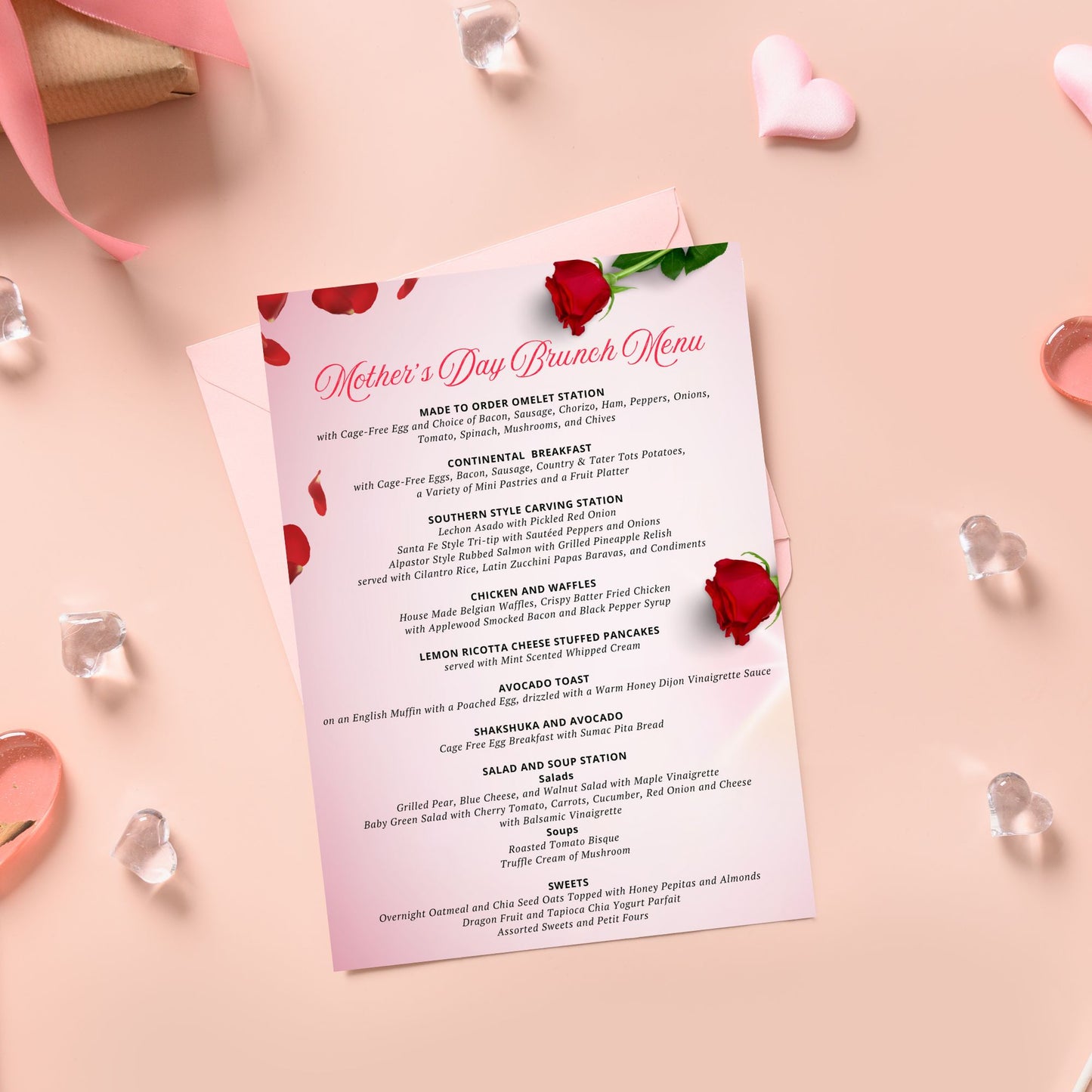 Elegant Mother's Day brunch menu featuring a sophisticated design with red and pink roses, customizable for a perfect family gathering.