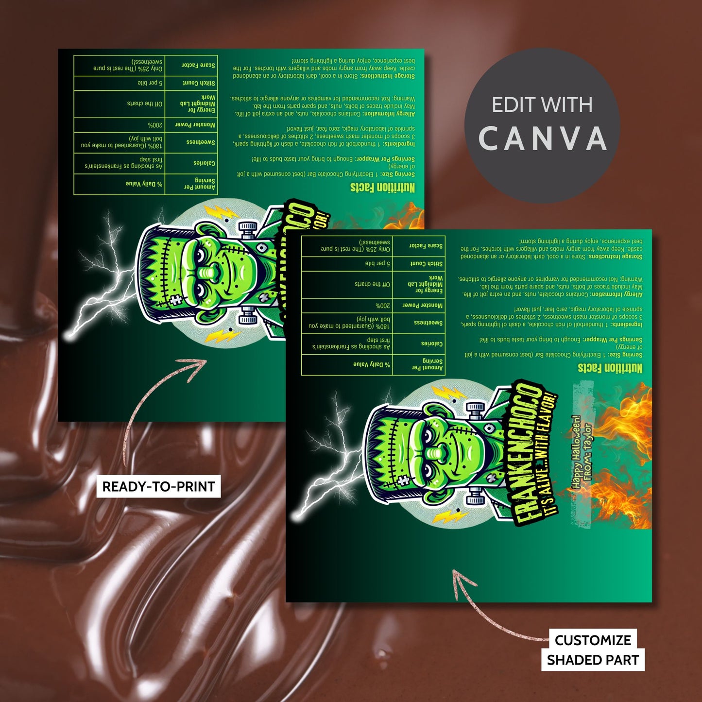 Printable and editable Frankenstein-themed Halloween chocolate bar wrapper featuring a bold Frankenstein design, perfect for spooky Halloween parties and treats.