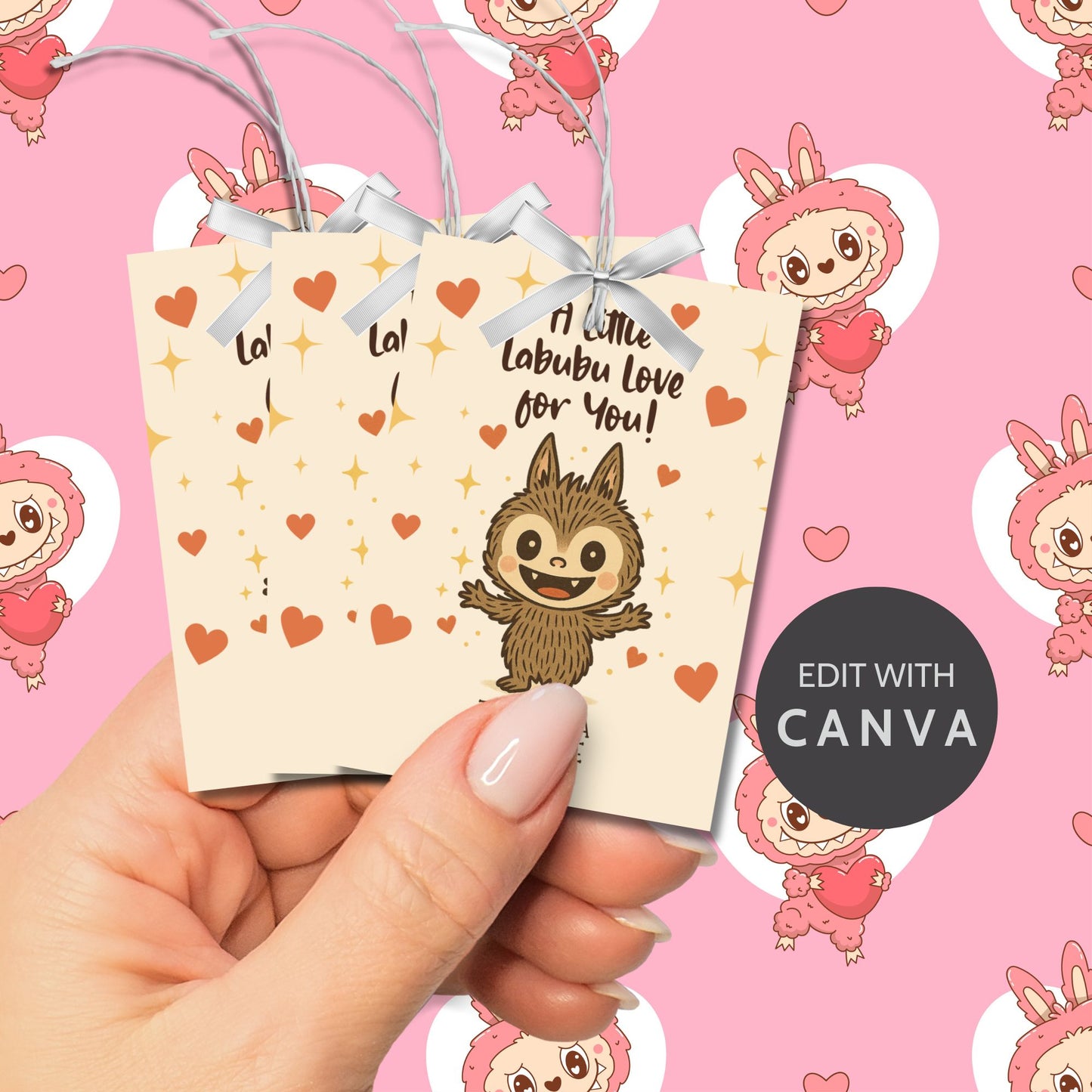 Two small gift bags with a cute character and text on a pink background with Labubu illustrations.