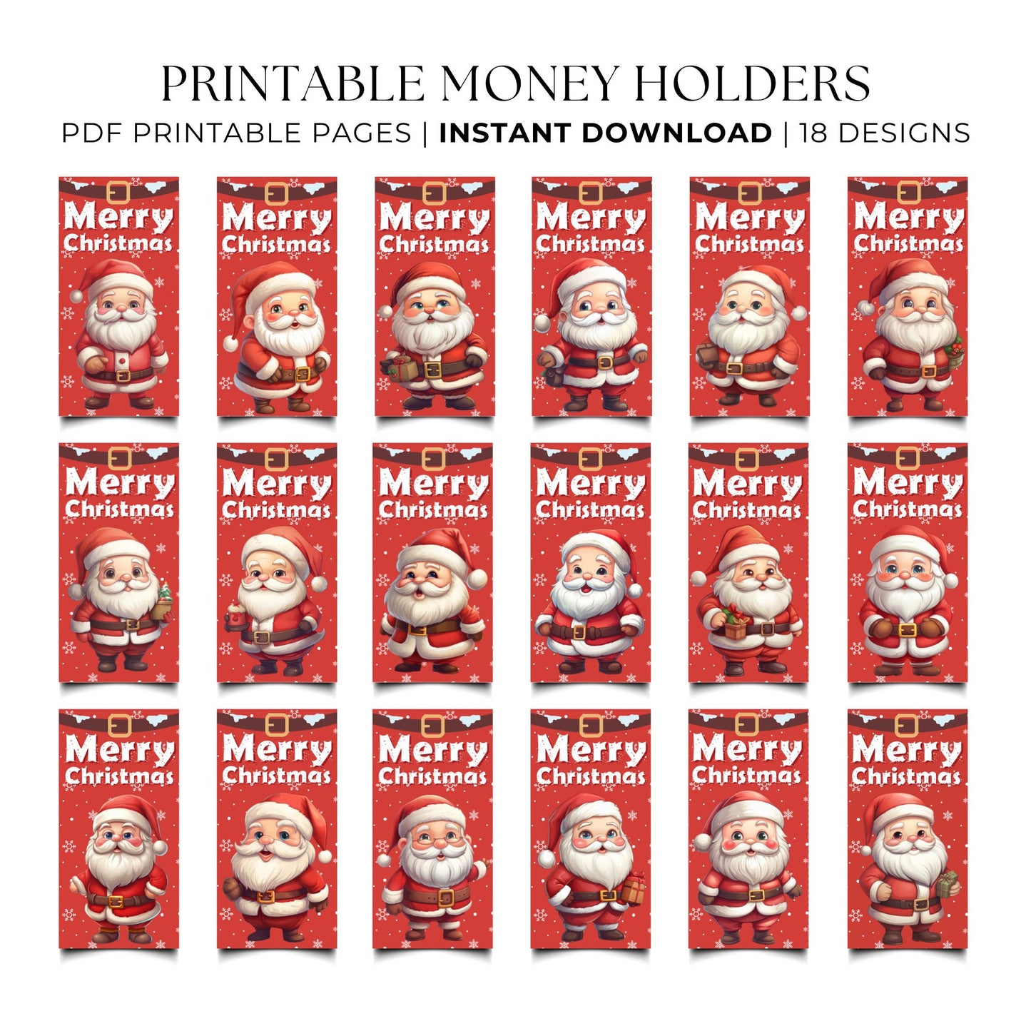 Collection of Christmas-themed money holders with Santa Claus on a white background.