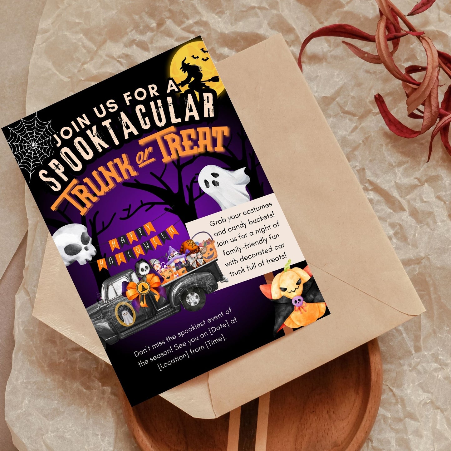 A vibrant Halloween Trunk or Treat invitation featuring spooky trees, a decorated truck with candy, cute ghosts, pumpkins, and a friendly skeleton, inviting families to a night of fun with customizable text fields.