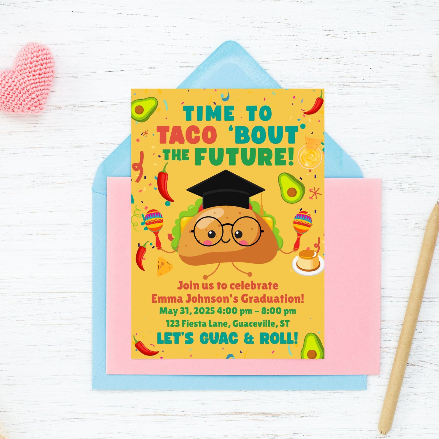 Single-sided taco-themed graduation invitation with confetti background, smiling taco in a graduation cap, and bold text “Time to Taco ‘Bout the Future.” Editable 5x7 Canva template.