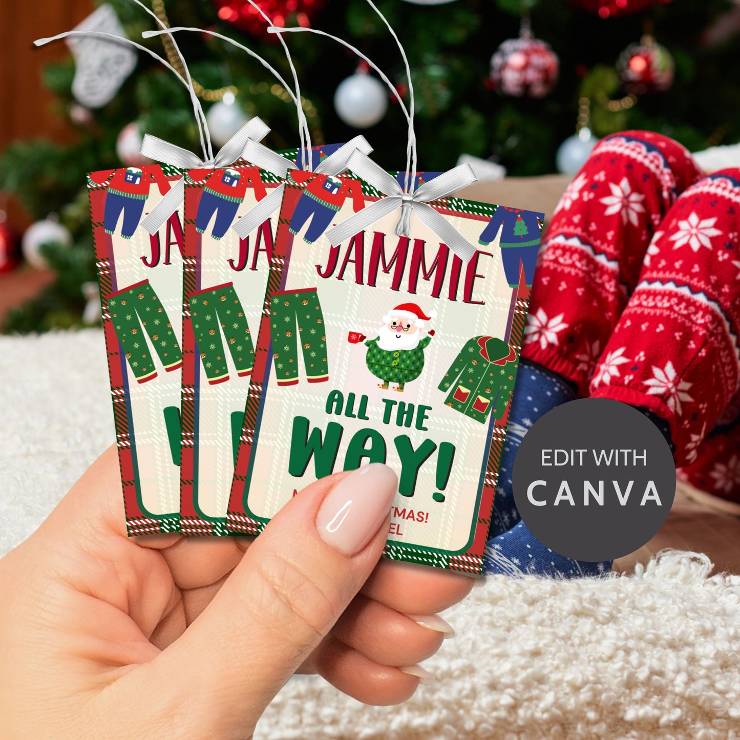 Holiday gift tags with a "Jammie All the Way!" theme, ideal for attaching to pajama gifts, featuring festive holiday pajamas, Santa, and a cozy plaid background.