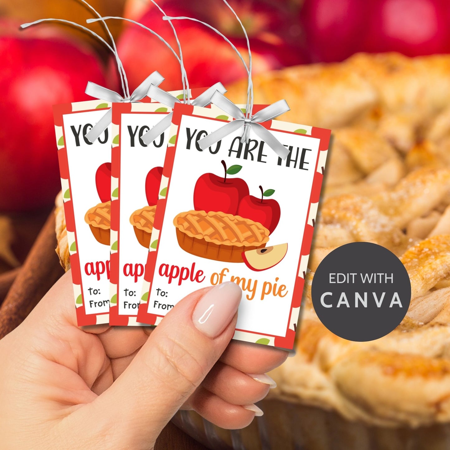 Editable apple pie-themed fall gift tags in 2.5 x 3.5 inches, 8 per sheet, available as printable and customizable PDFs.