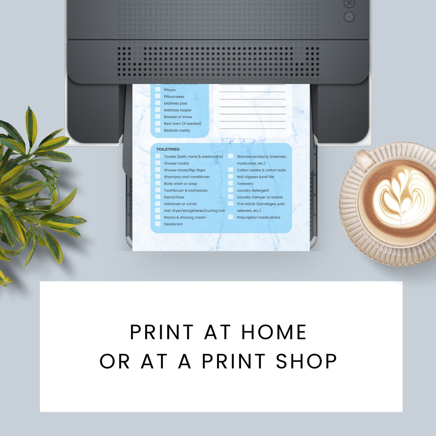 Printable Dorm Checklist with a stylish blue marble design, listing all essential items for college students.