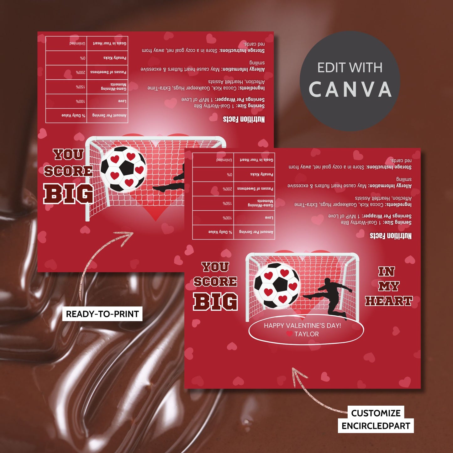 A soccer-themed Valentine’s Day chocolate bar wrapper featuring the phrase "You Score Big in My Heart!" with a festive red background, heart-shaped soccer ball, and a goal scene with a silhouette player. Perfect for teammates, coaches, and soccer fans!
