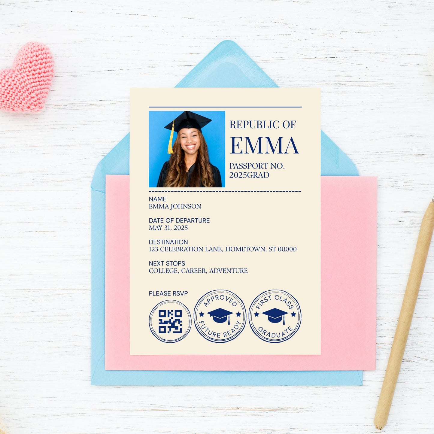 Double-sided editable passport-themed graduation invitation in navy and gold with photo ID layout on front and globe design on back, formatted for 5x7 inches.