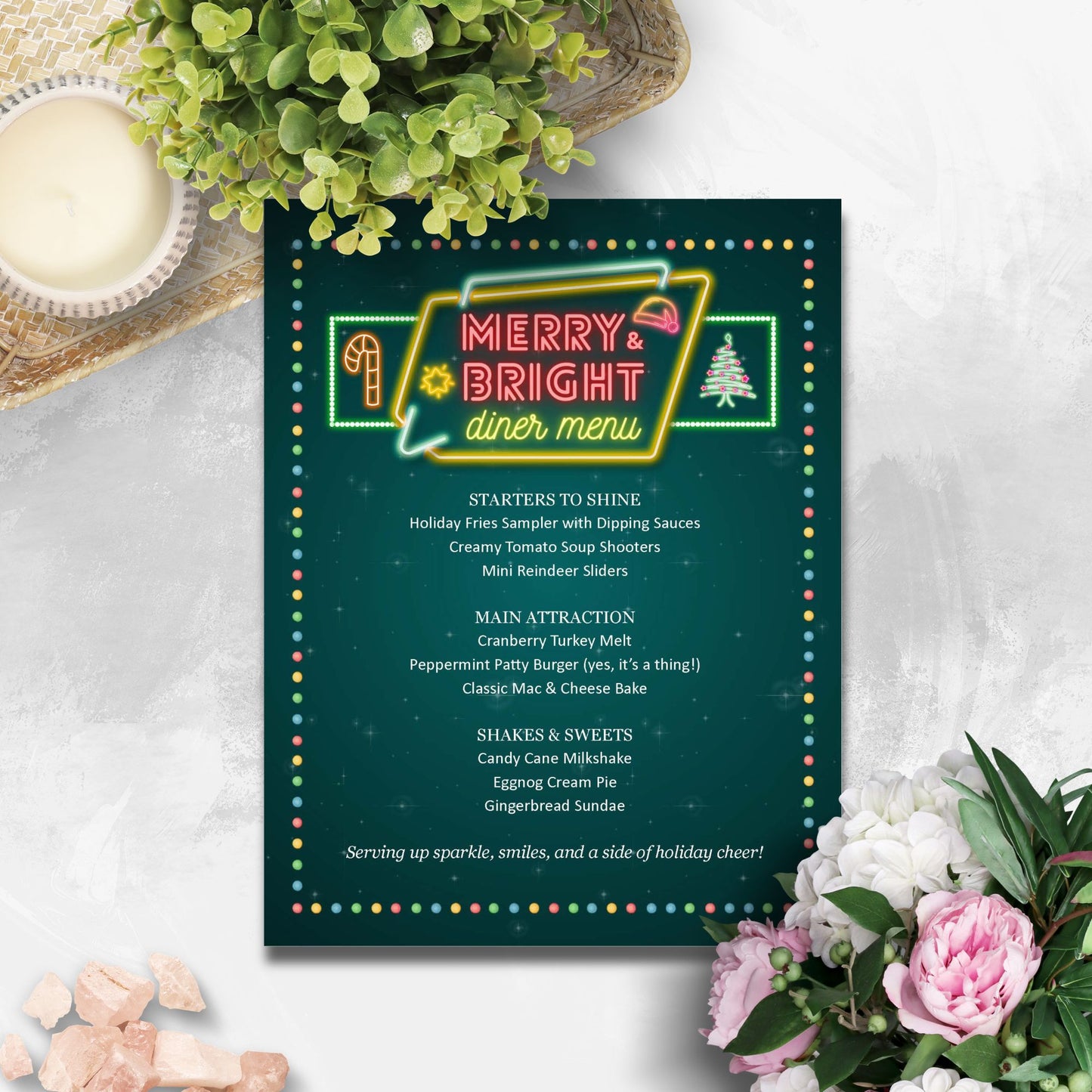 Neon-style diner menu with Christmas-themed design on a white surface with flowers and a candle.