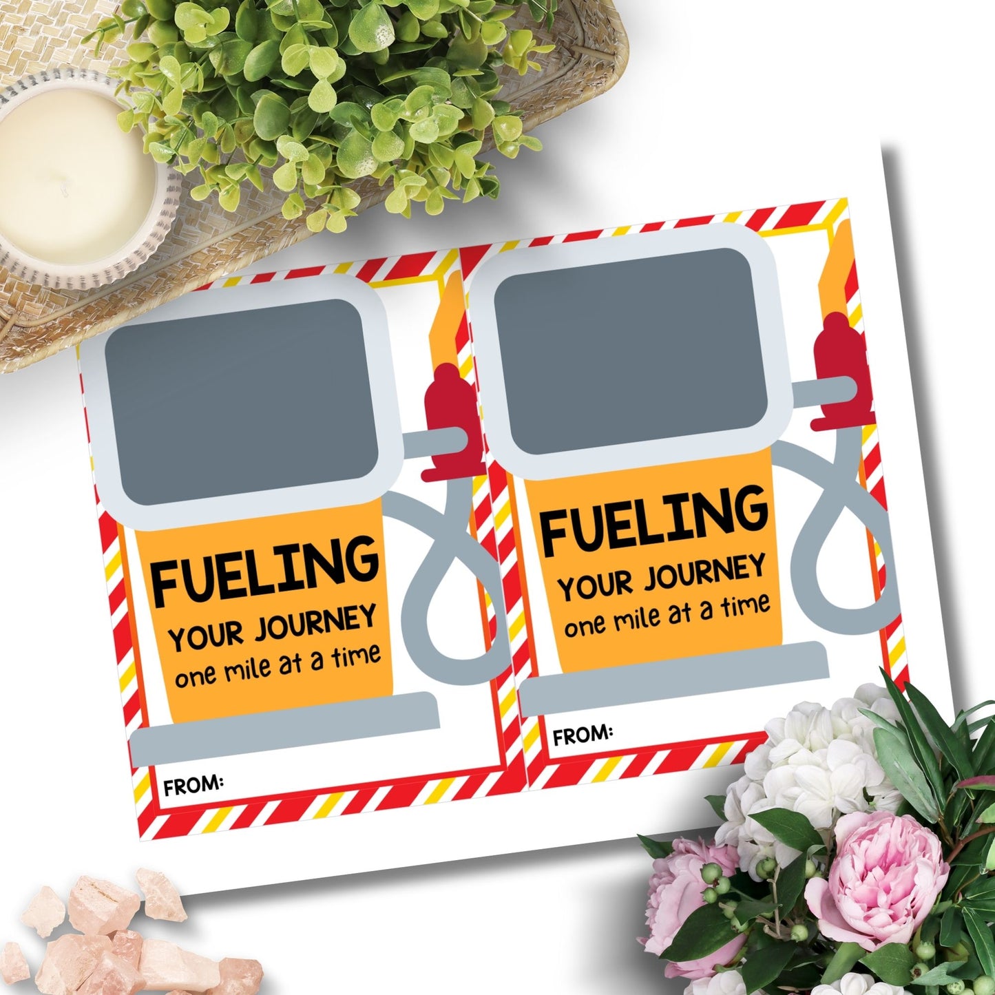 Printable gas station gift card holders for students and anyone, 5x7 inches, laid out on an 8.5 x 11 inch sheet, with a dynamic "Fueling Your Journey One Mile at a Time" message.