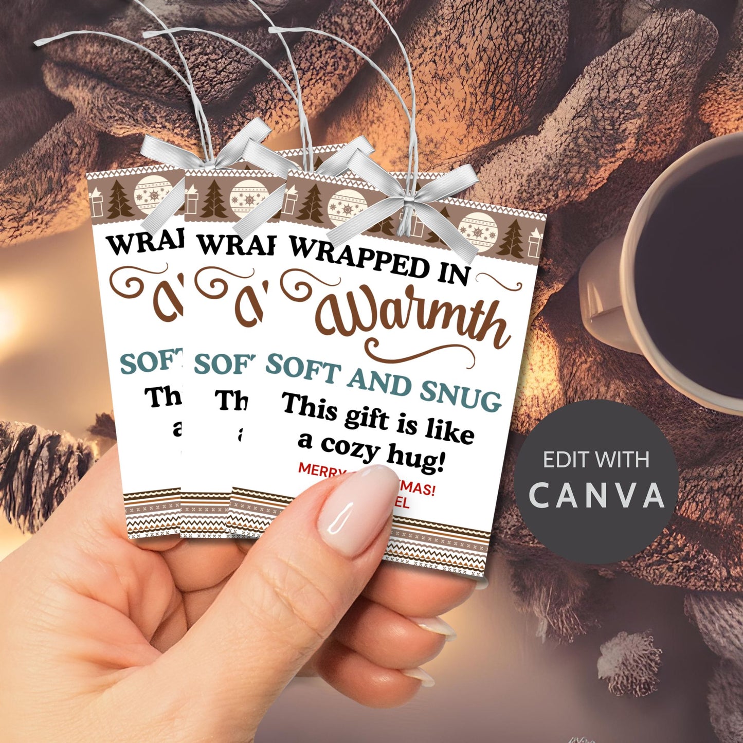 Printable "Wrapped in Warmth" gift tags designed for blankets and cozy gifts. Perfect for personalized or homemade blankets. Includes printable PDF and editable Canva template.