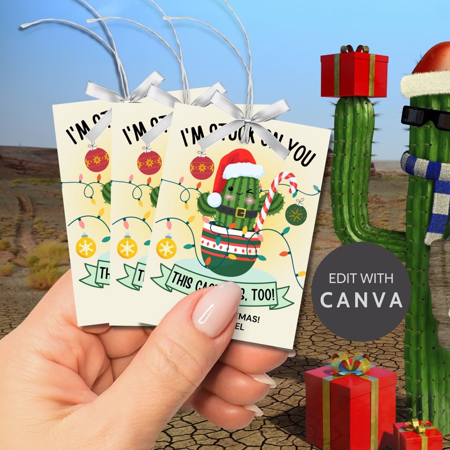 Festive holiday gift tags featuring a cheerful cactus in Christmas attire, perfect for cactus-themed or succulent gifts. Includes printable PDF and editable Canva template.