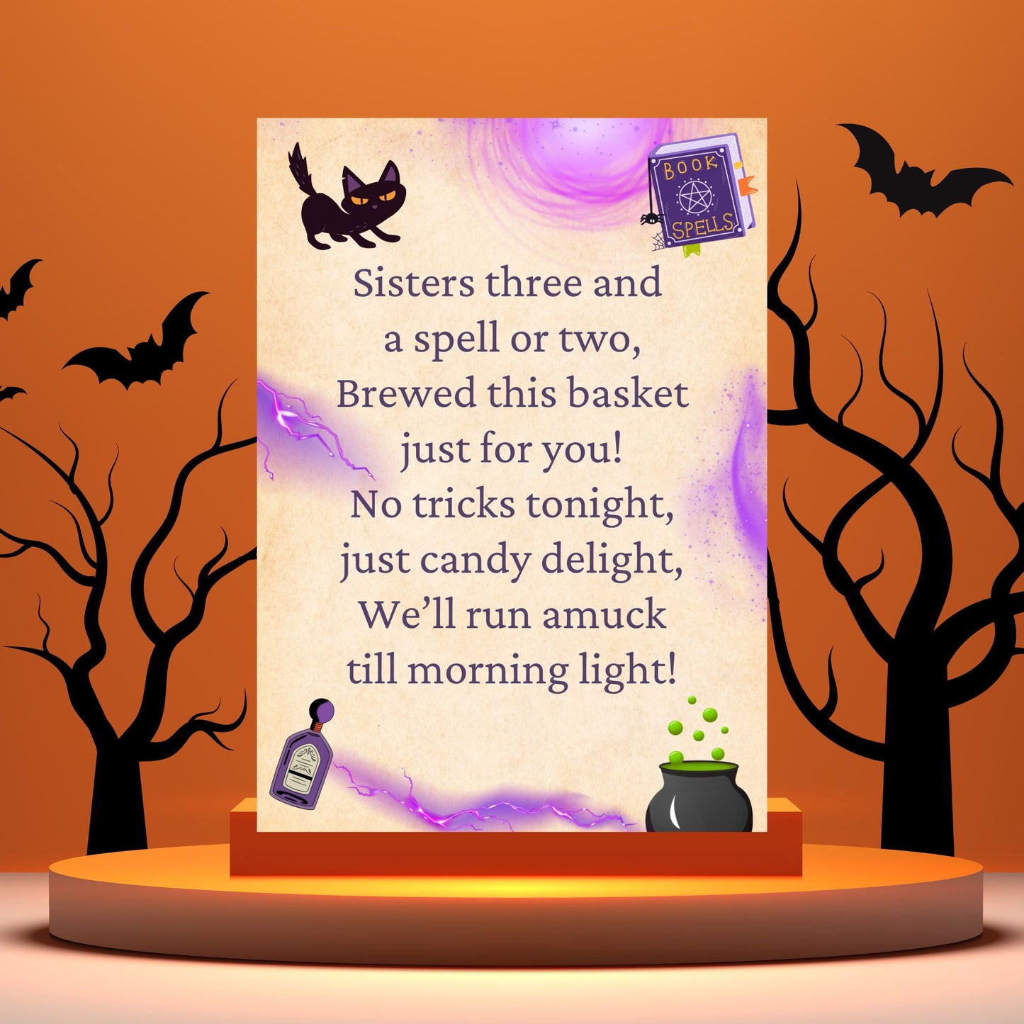 Halloween-themed card with text and graphics on an orange background