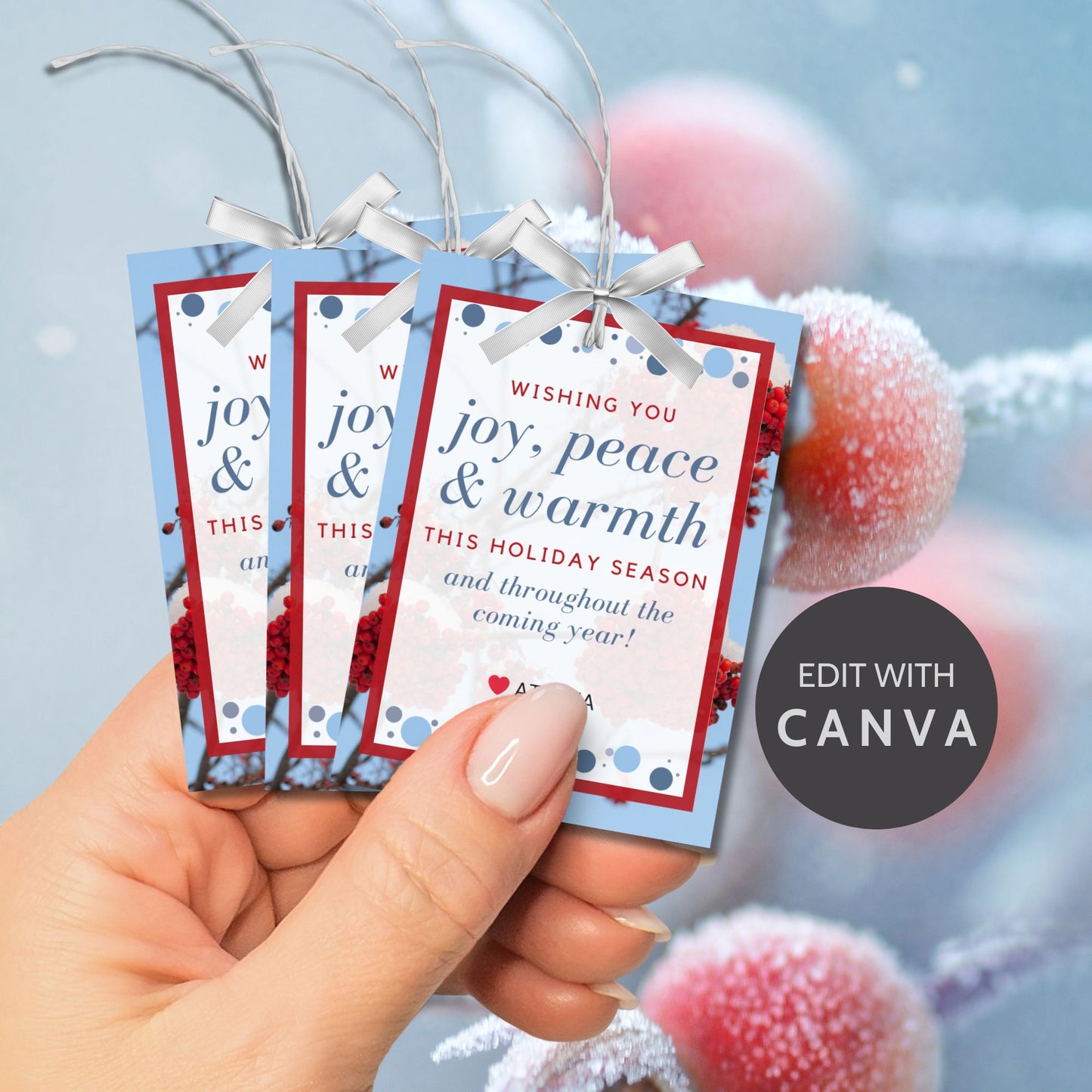 A set of eight printable and editable Christmas gift tags featuring an elegant icy blue and fiery red color palette, designed with a festive message. Each tag measures 2.5 x 3.5 inches, laid out on an 8.5 x 11-inch sheet, perfect for adding a personalized holiday touch.