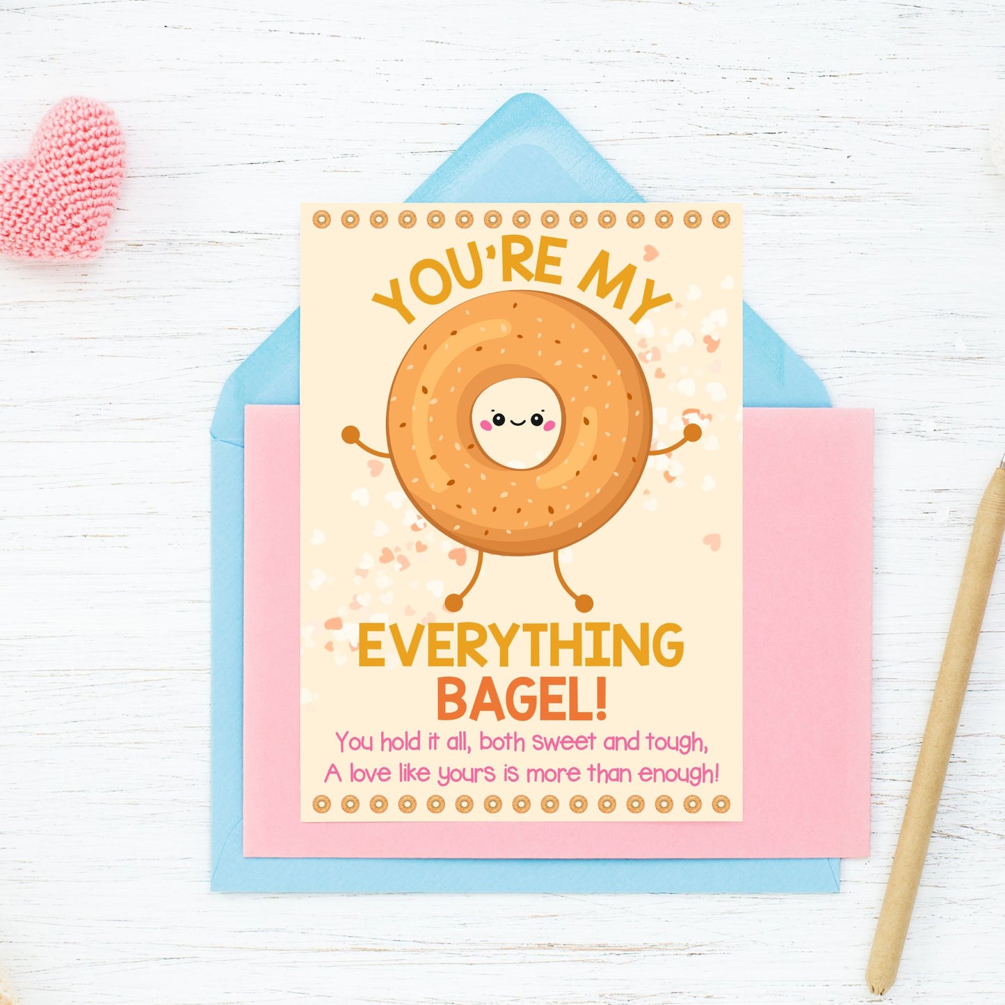 Printable 5x7 Mother’s Day card featuring an everything bagel with the pun “You’re My Everything Bagel,” in a cute illustrated design, available as an instant PDF download.