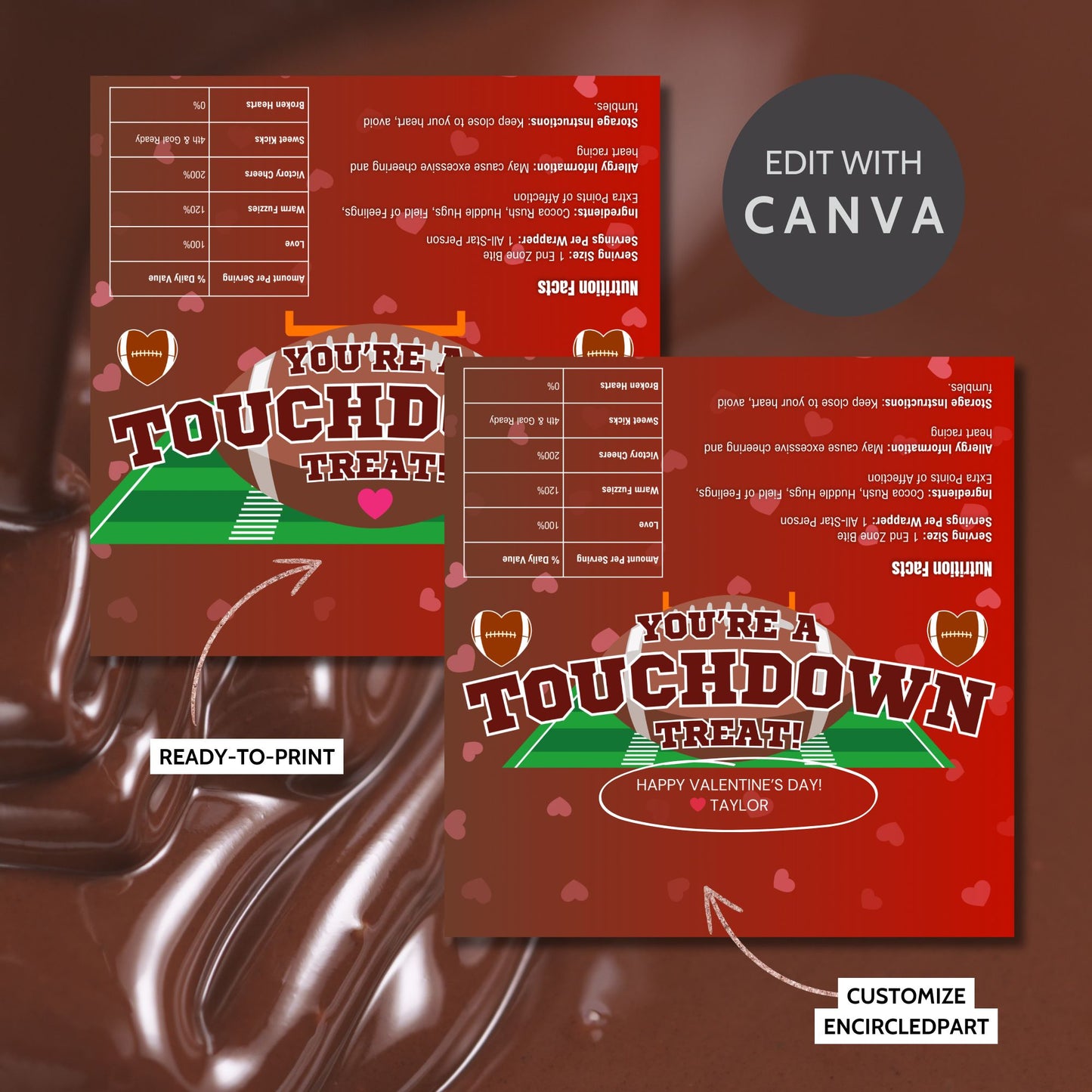 A football-themed Valentineās Day chocolate bar wrapper featuring the phrase "You're a Touchdown Treat!" with a festive football field background, heart-shaped football icons, and a fun, sporty design. Perfect for teammates, coaches, and football fans!