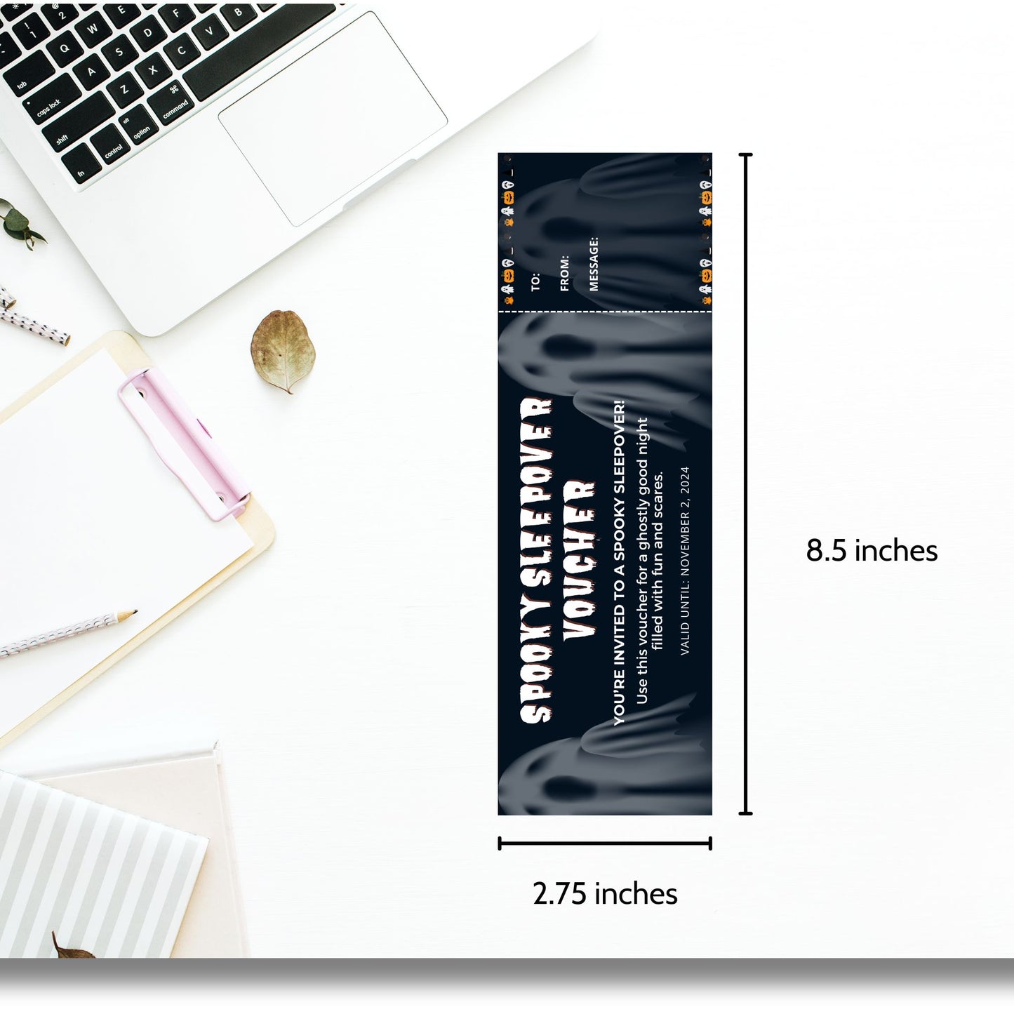 Dark-themed Halloween sleepover voucher featuring eerie ghost silhouettes and a chilling "Spooky Sleepover Voucher" title. The voucher is an invite to a ghostly sleepover full of fun and scares.
