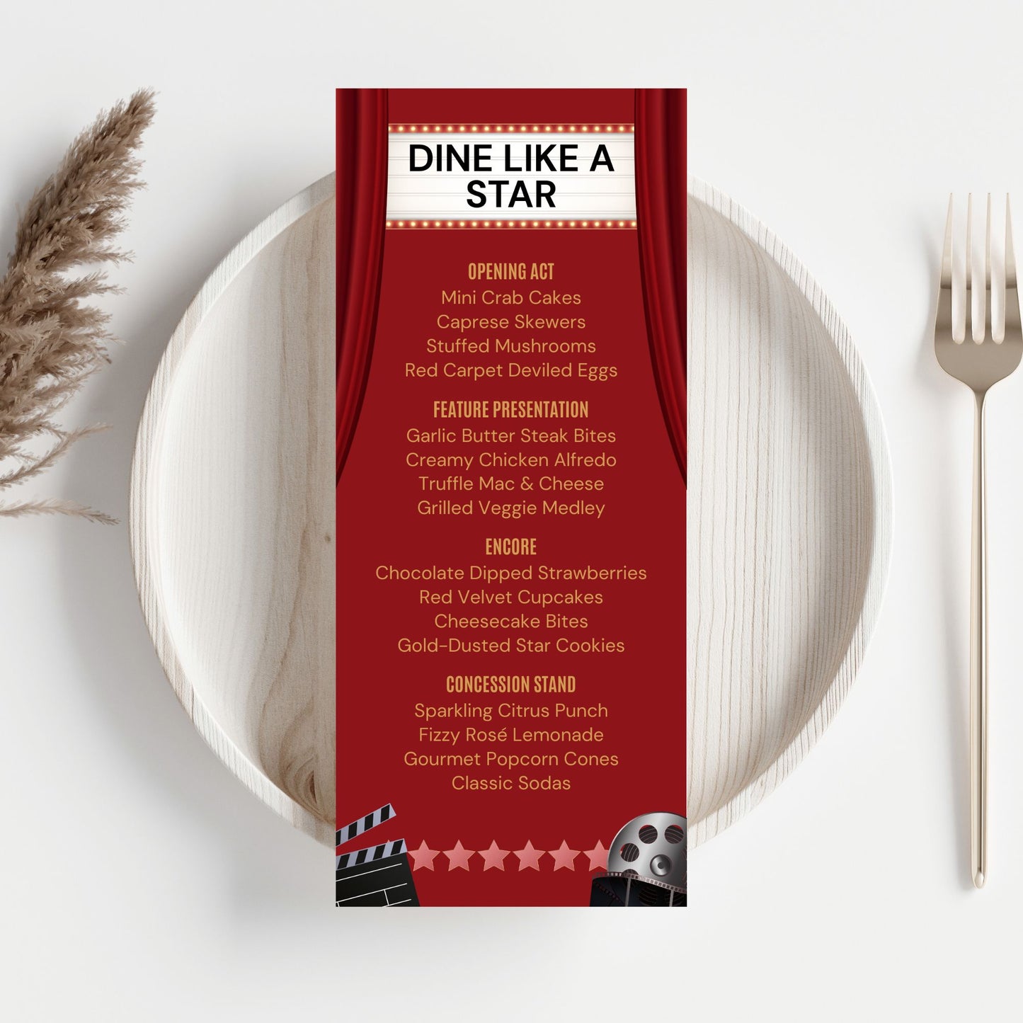 Editable Hollywood-themed table menu with marquee-style design and red curtains. Features editable sections like Opening Act and Feature Presentation. Canva template, 3.65 x 8.5 inches.