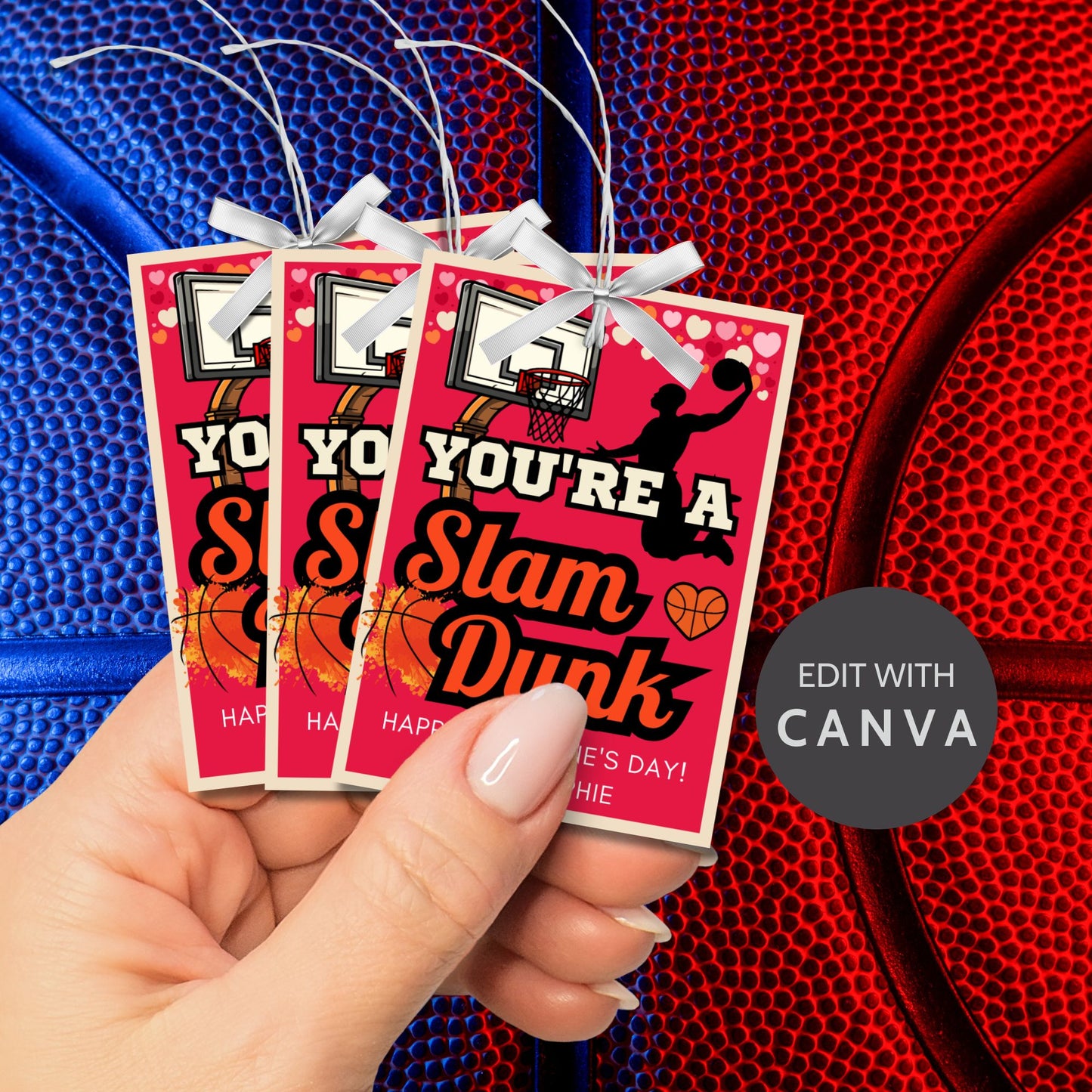 Printable and editable basketball-themed Valentineās Day gift tags with the message "Youāre a Slam Dunk." Features a red and black design with a basketball hoop and hearts, perfect for teammates, coaches, and sports lovers.