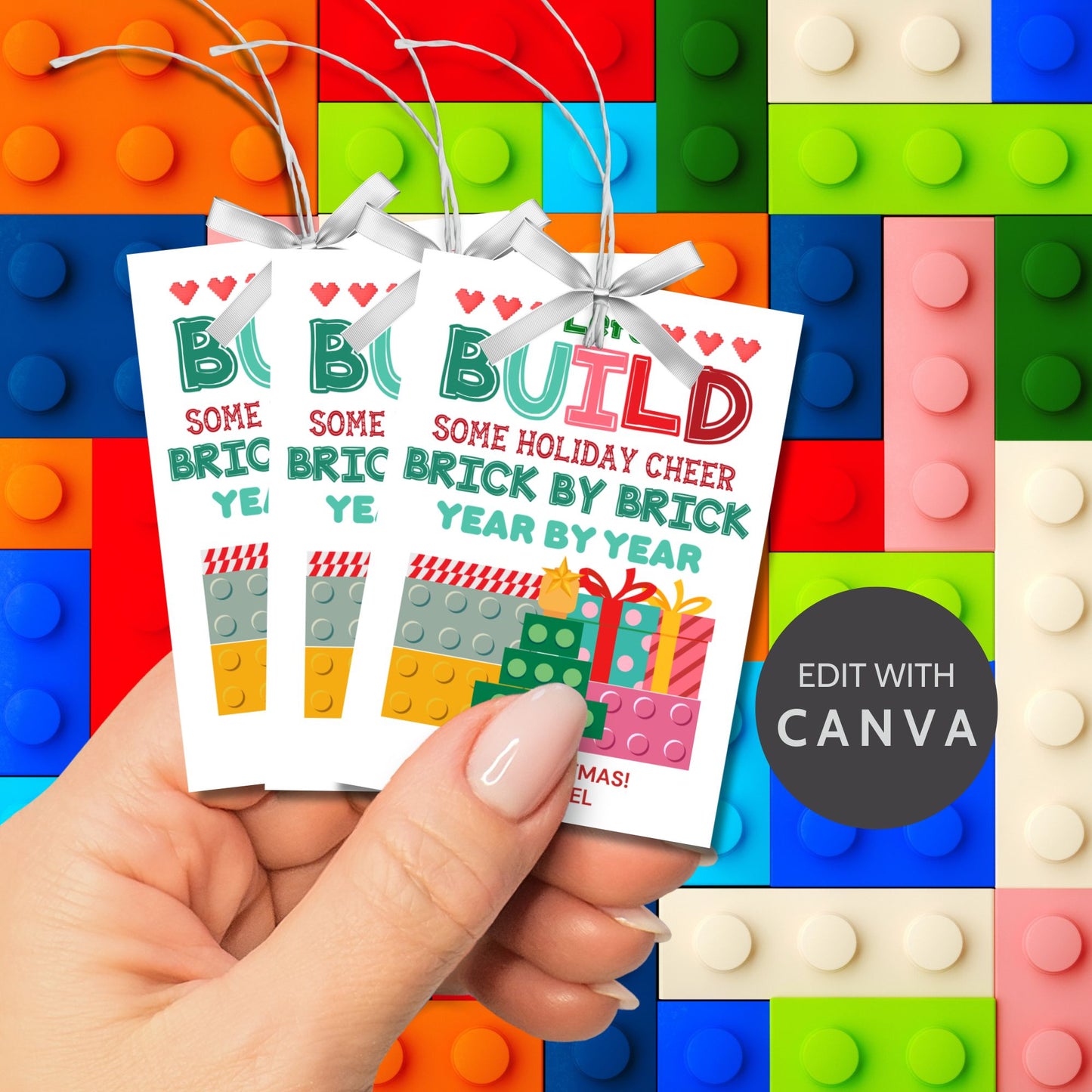 Festive "Let’s Build Some Holiday Cheer" gift tags with a building block theme, perfect for LEGO or similar gifts. Includes printable PDF and editable Canva template for personalization.