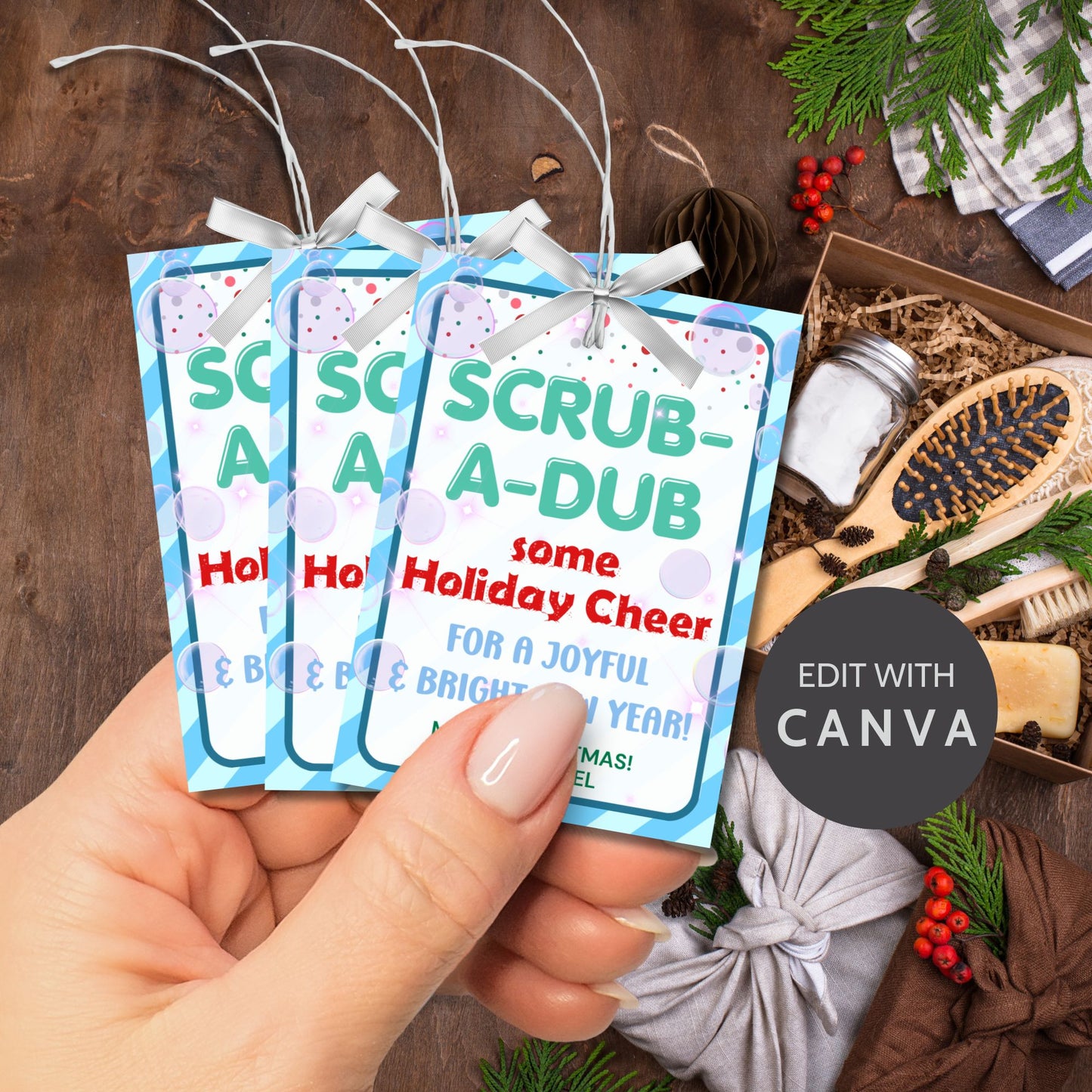 Cheerful Scrub-a-Dub-themed holiday gift tags featuring playful bubbles and a festive design, perfect for loofahs, body scrubs, or bath set gifts.