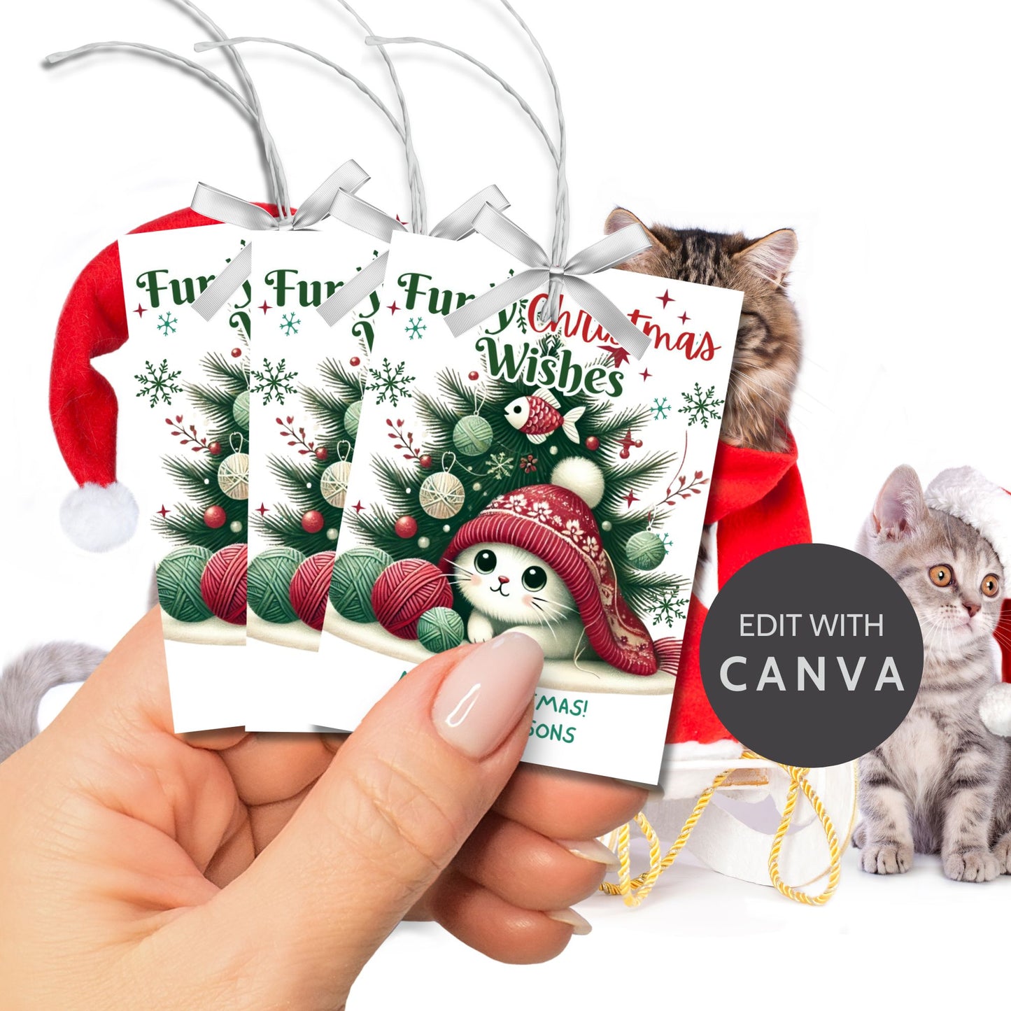 Christmas gift tags featuring an adorable kitten in a festive scene, with the message "Furry Christmas Wishes." These printable and editable tags are perfect for cat lovers and add a cute, cozy touch to holiday gifts.