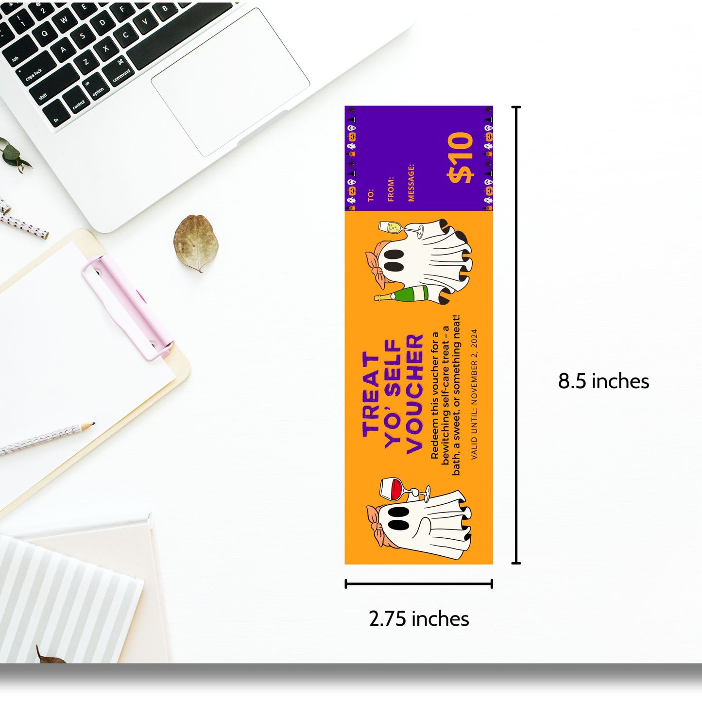 Halloween-themed self-care voucher featuring a cute ghost holding wine and champagne, offering a "Treat Yo' Self" experience for a bath, sweet treat, or something neat.