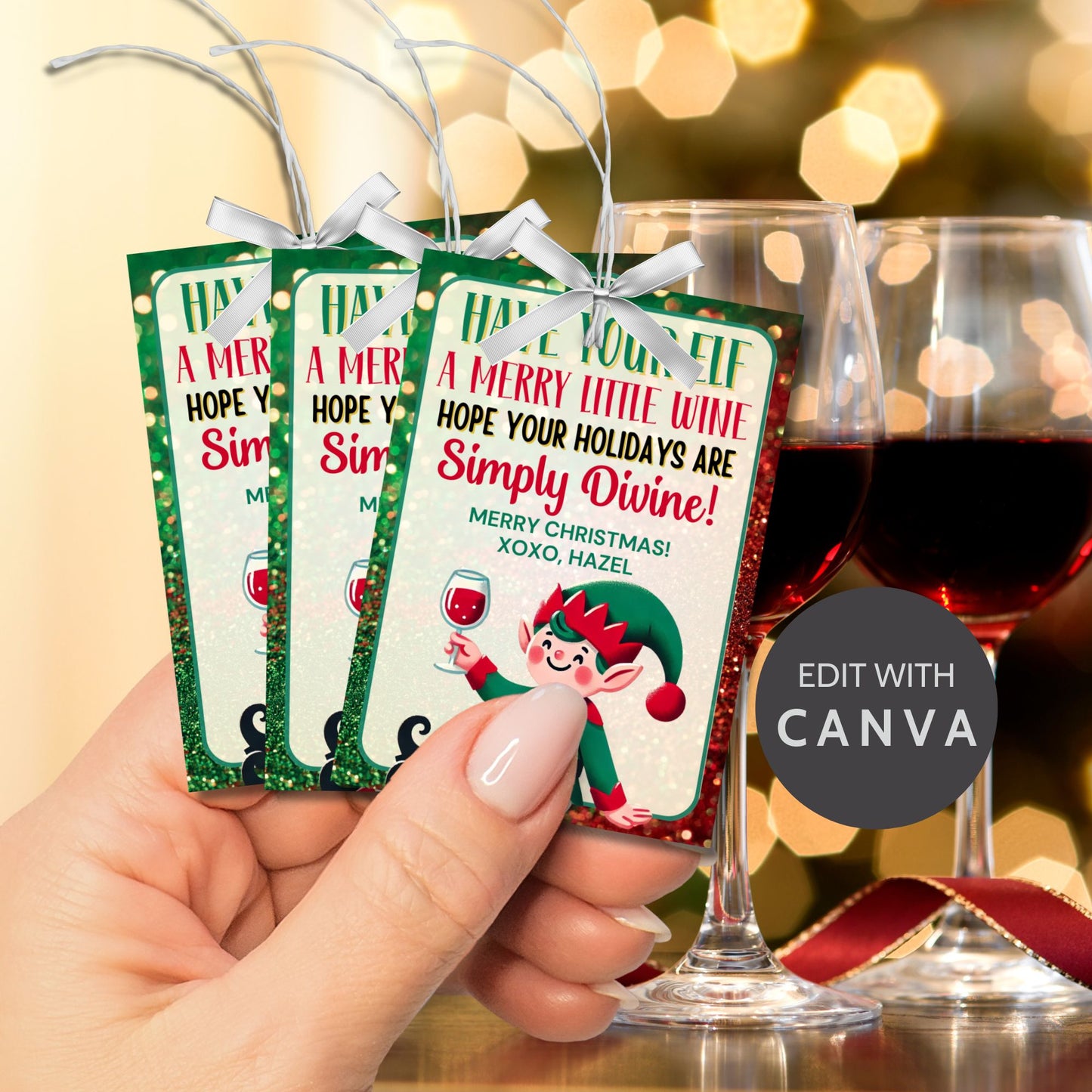 Christmas gift tags featuring a cheerful elf holding a glass of wine with the message "Have Your-elf a Merry Little Wine," perfect for holiday wine gifts. These printable and editable tags add a festive and humorous touch to wine presents.