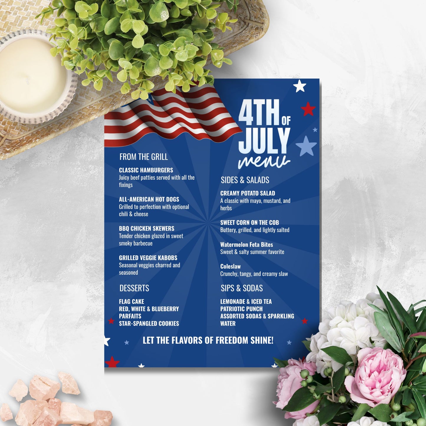 Editable 4th of July BBQ menu with patriotic red, white, and blue theme featuring food sections for grilling, sides, desserts, and drinks – fully customizable in Canva, printable in 8.5x11 format.