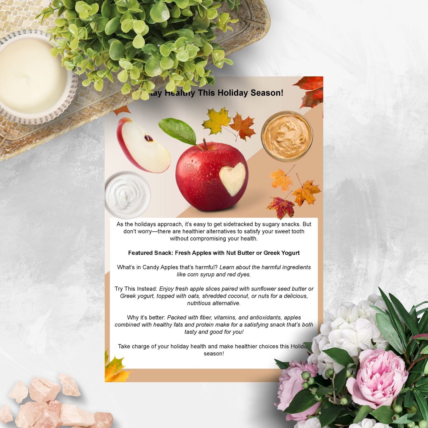 Editable menu template promoting healthy alternatives to candy apples, featuring fresh apple slices with nut butter or Greek yogurt, perfect for wellness events, cafes, and health-conscious consumers.