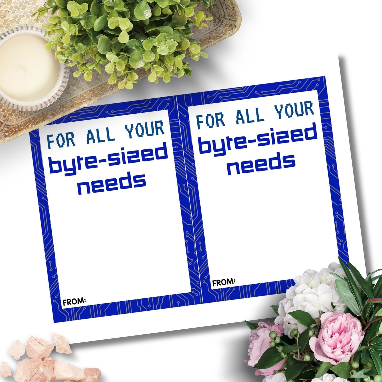 Printable tech store gift card holders for students and anyone, 5x7 inches, laid out on an 8.5 x 11 inch sheet, with a clever "For All Your Byte-Sized Needs" message.