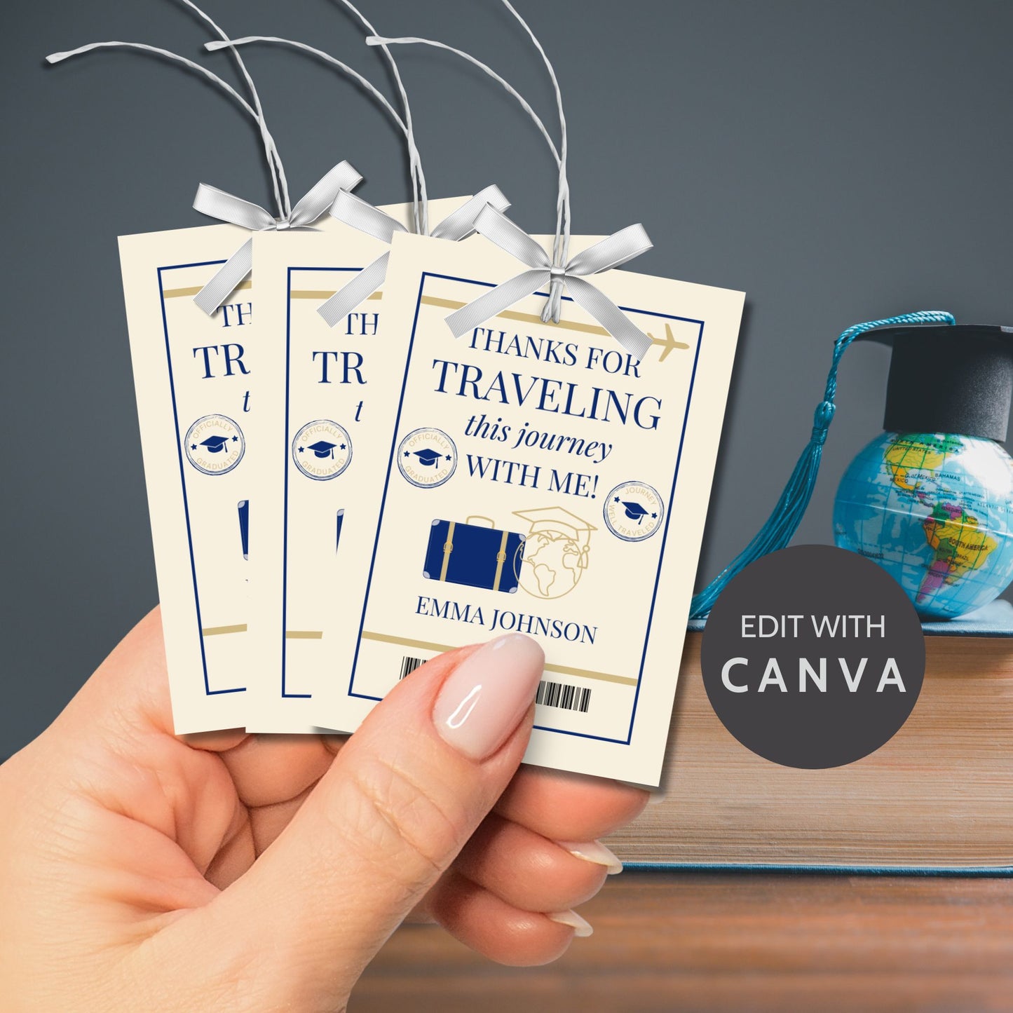 Editable passport-style graduation gift tag, printable digital favor tag with luggage and globe design, travel-themed grad party decoration