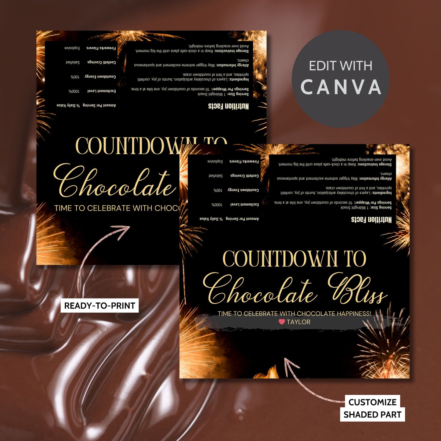 A sleek and colorful New Year chocolate bar wrapper design with editable text, perfect for personalizing New Year party favors and gifts.