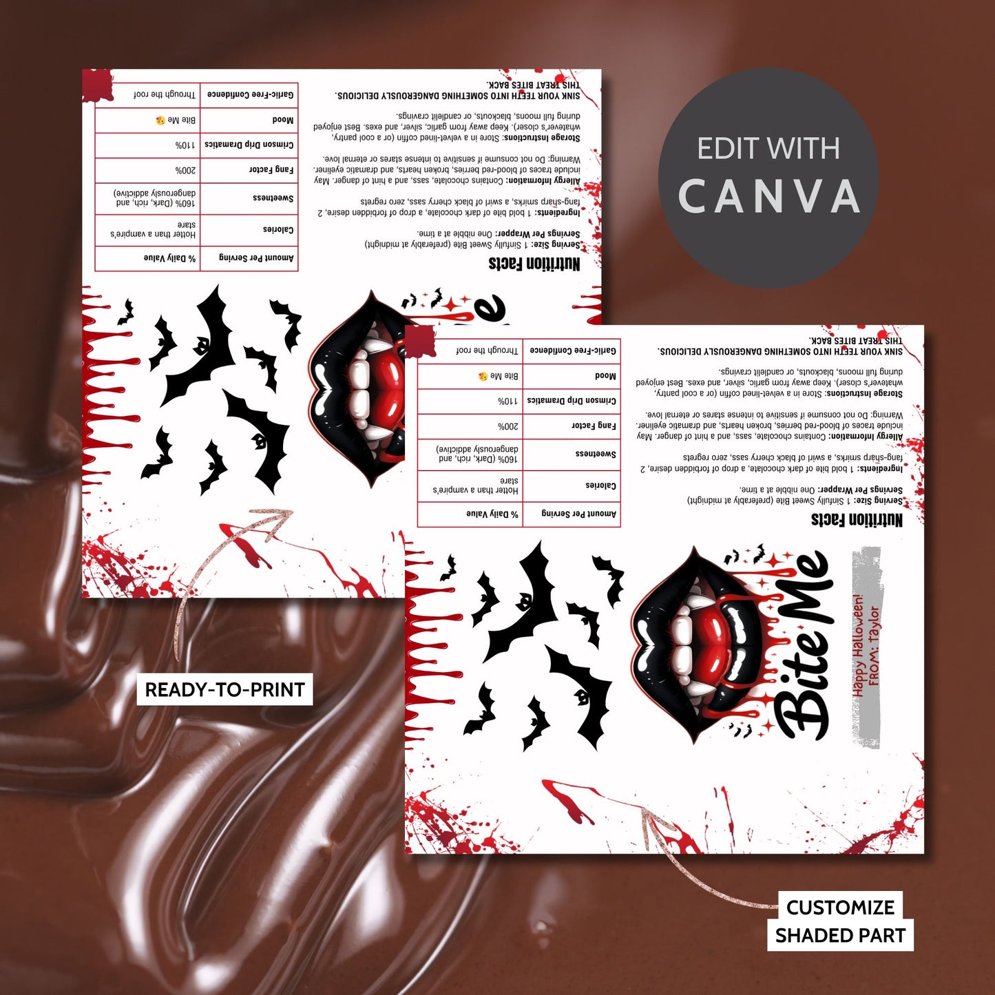 Design templates with 'Bite Me' graphic and text on a brown background, featuring Canva editing option.