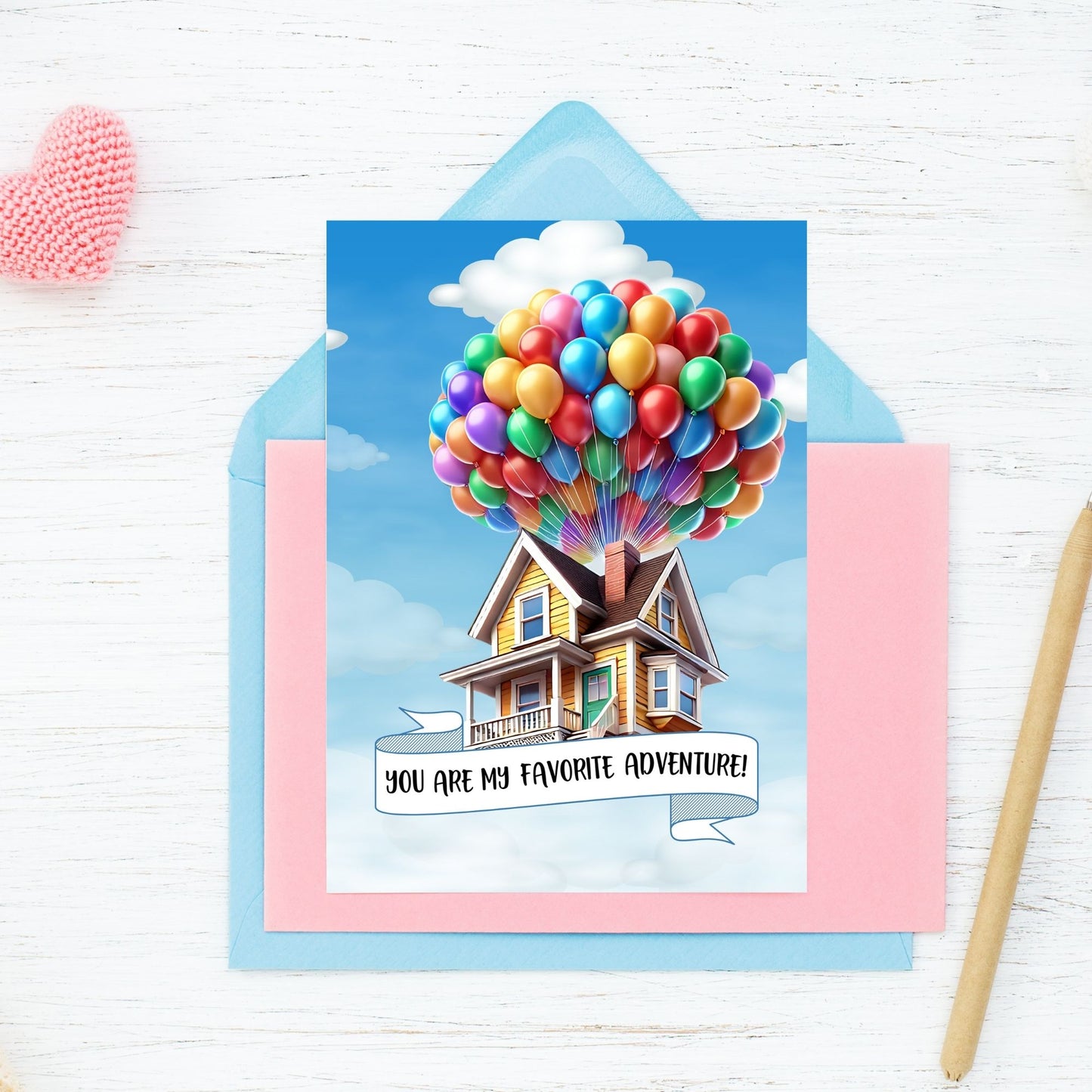 Up movie-inspired printable Valentine’s Day Greeting Card featuring the pun “You Are My Favorite Adventure,” designed as a 5x7 PDF on an 8.5 x 11 sheet with two cards per page. Perfect for gifting to someone special.