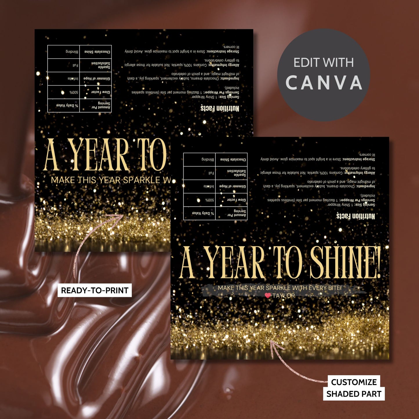 A chic and elegant New Year chocolate bar wrapper with modern, customizable designs, perfect for enhancing your New Year party favors or gifts.