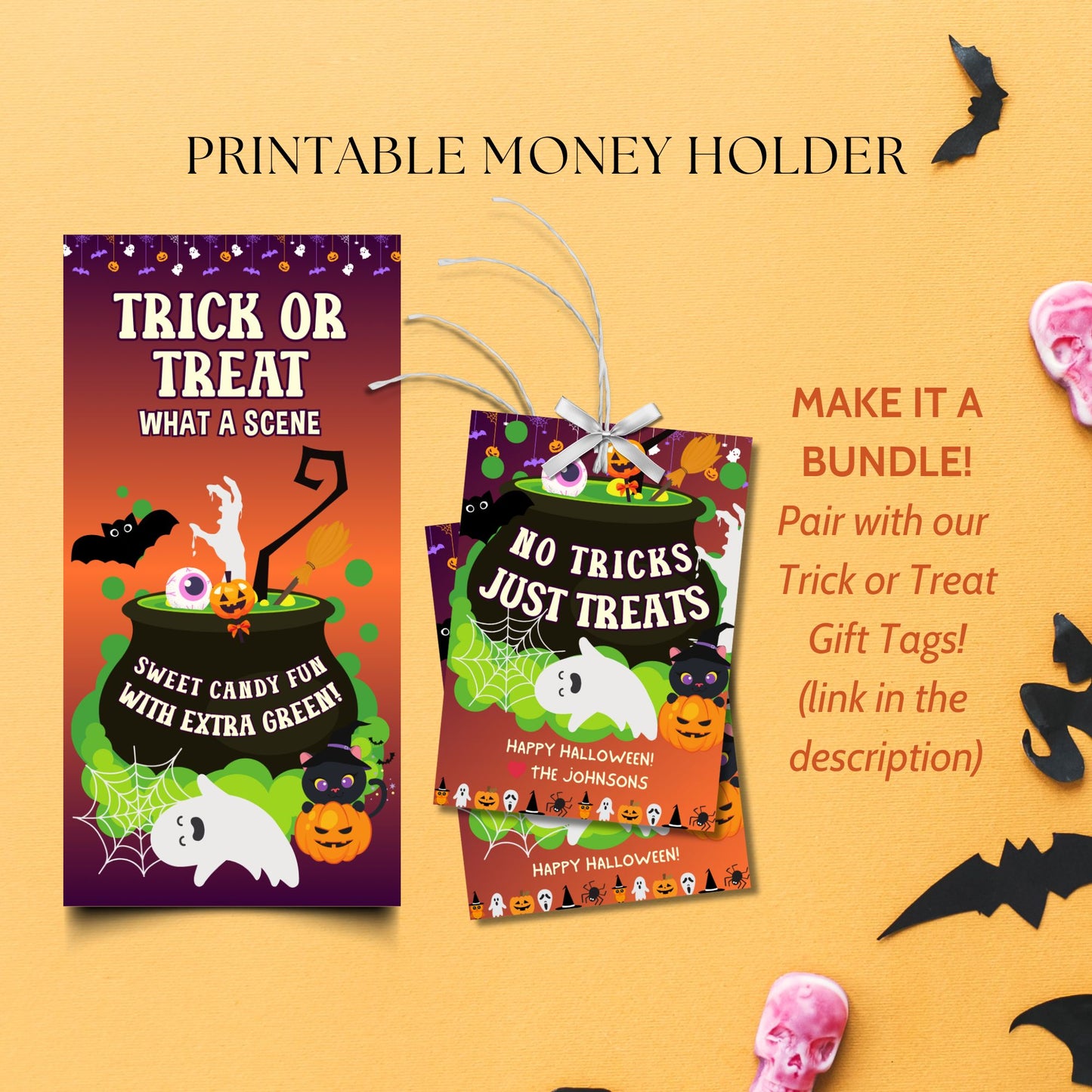 Halloween-themed printable money holder with customizable text on a yellow background.