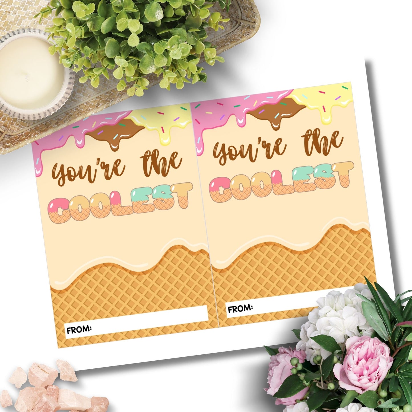 Printable ice cream shop gift card holders for students and anyone, 5x7 inches, laid out on an 8.5 x 11 inch sheet, with a playful "You're the Coolest" message.