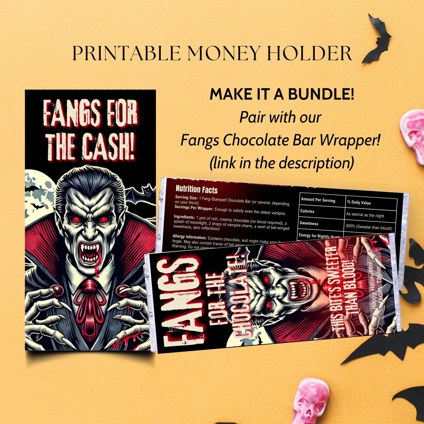 Printable money holder with vampire design on a yellow background with Halloween elements.