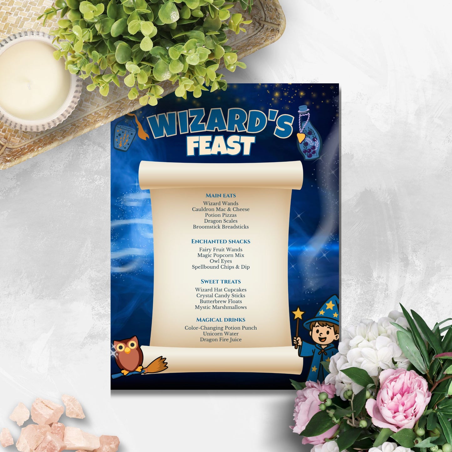 Editable Wizard Feast Party Menu with magical food names like Potion Pizzas, Owl Eyes, and Unicorn Water – 8.5x11 printable for fantasy-themed celebrations.