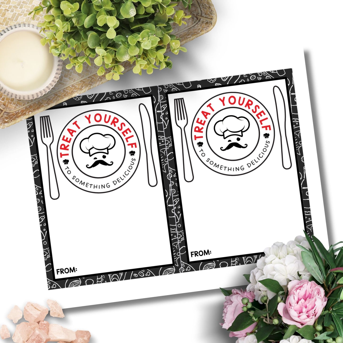 Printable restaurant gift card holders for students and anyone, 5x7 inches, laid out on an 8.5 x 11 inch sheet, with an inviting "Treat Yourself to Something Delicious" message.