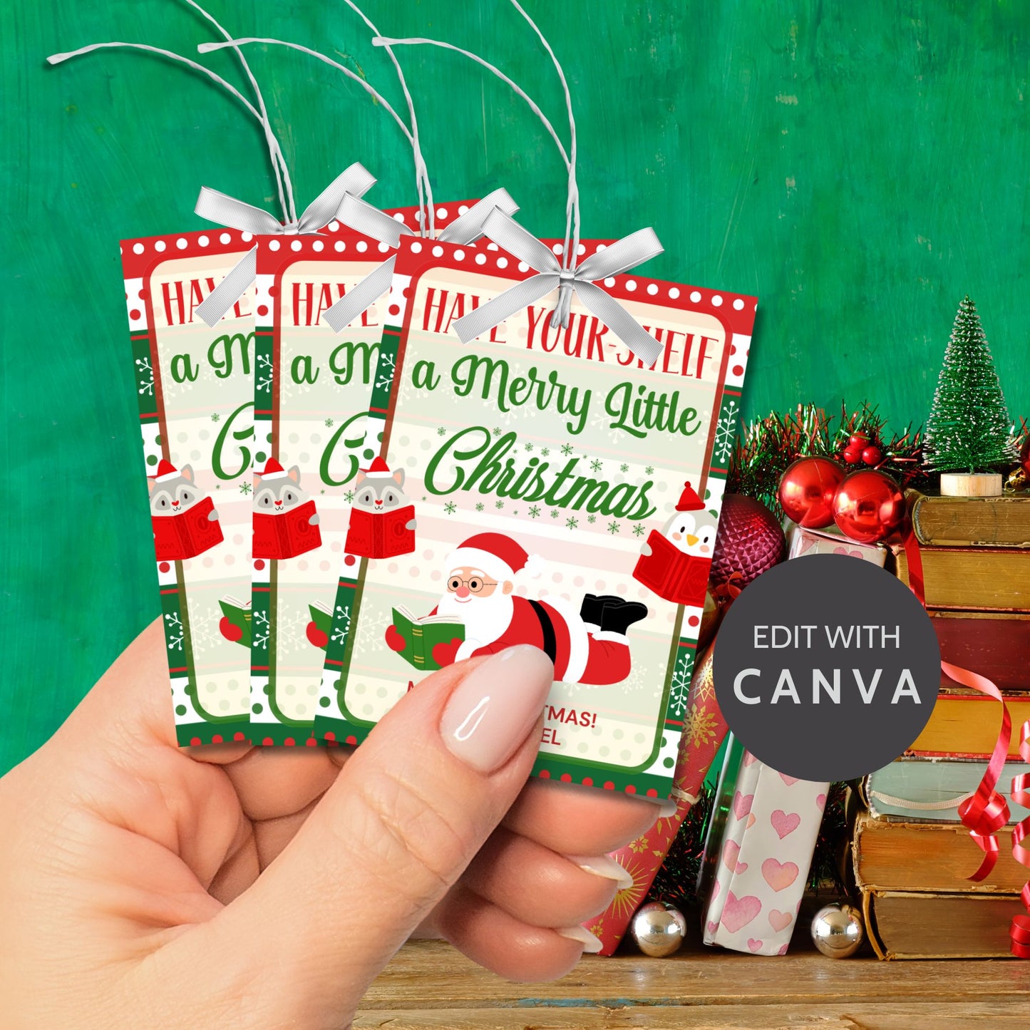 Holiday gift tags with a "Have Your-Shelf a Merry Little Christmas" theme, perfect for pairing with book gifts, featuring Santa reading a book and festive stockings.
