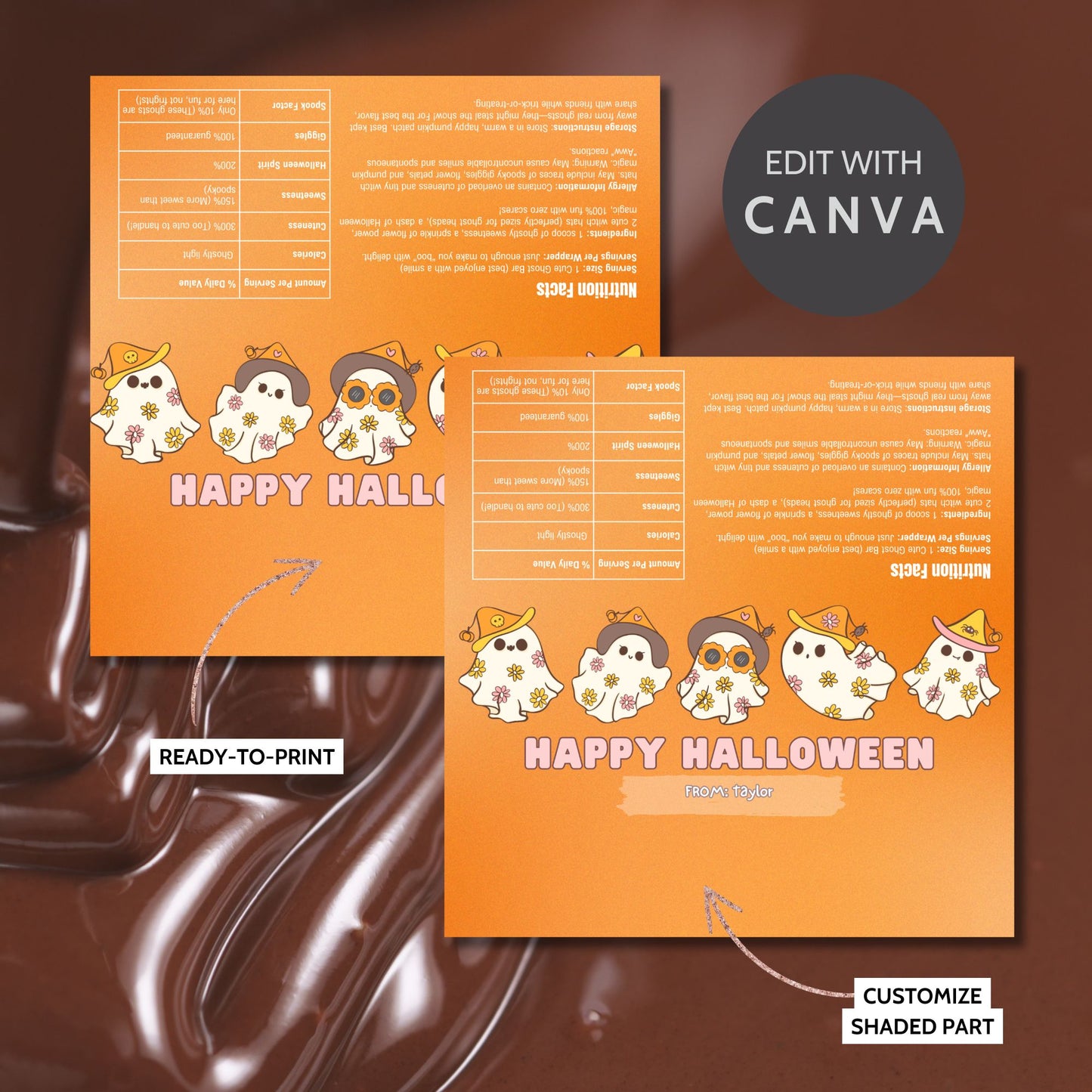 Printable and editable cute ghost-themed Halloween chocolate bar wrapper featuring pastel ghosts in witch hats, perfect for Halloween treats and parties.